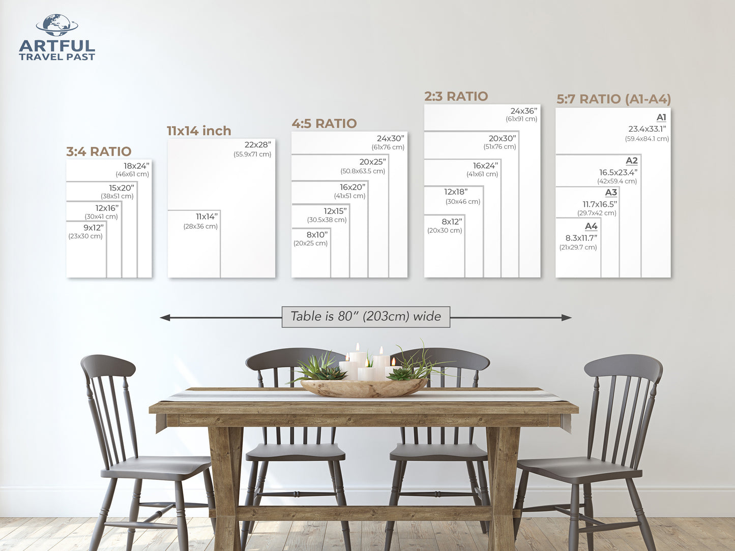 a dining room with a wooden table and four chairs. Above the table, there is a chart displaying the sizes of different artworks in inches, ranging from 3 to 7 feet in width.