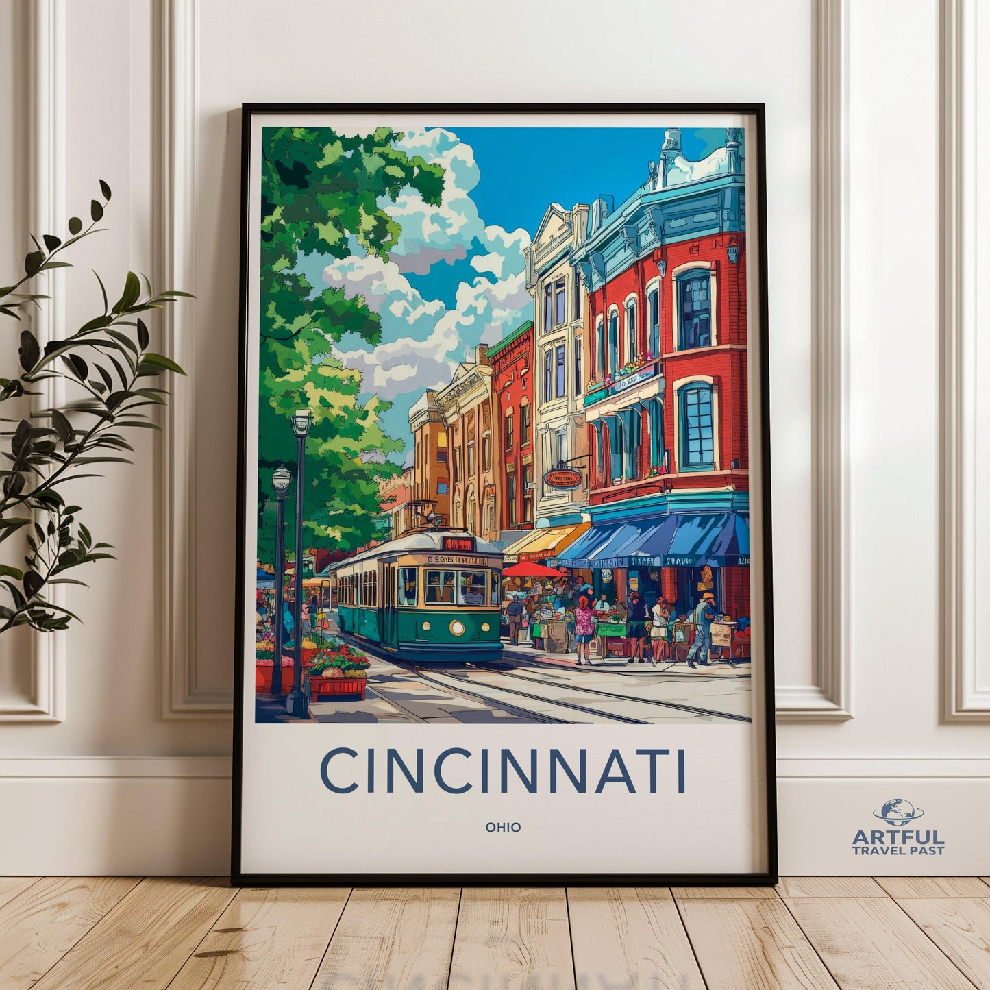 Cincinnati Ohio Wall Art, Cityscape Print, Streetcar Art, Travel Poster, Urban Wall Decor, City Scene, Ohio Art Print, Vintage Style Wall