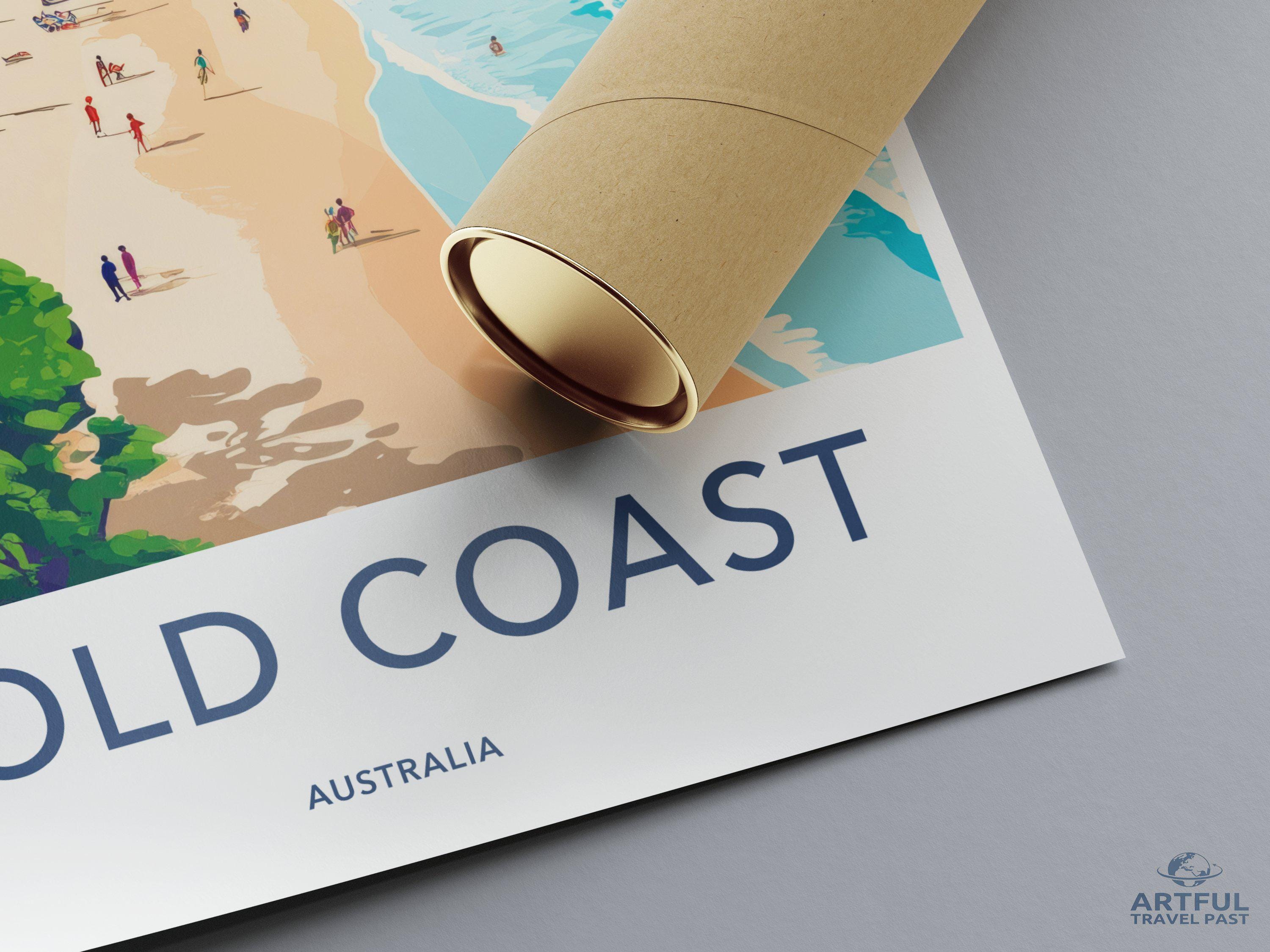 Gold Coast Travel Poster, Australia Beach Art Print, Coastal Wall Decor, Ocean Landscape Illustration, Vintage Style Poster