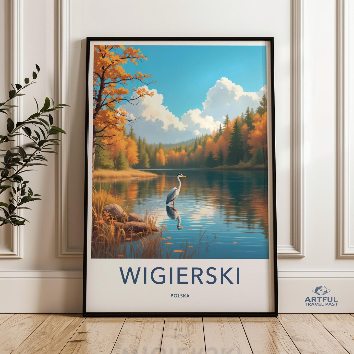 Autumn Lake Scene Wall Art, Nature Landscape Print, Scenic Fall Forest Artwork, Tranquil Water Reflection Painting, Heron Wildlife Poster
