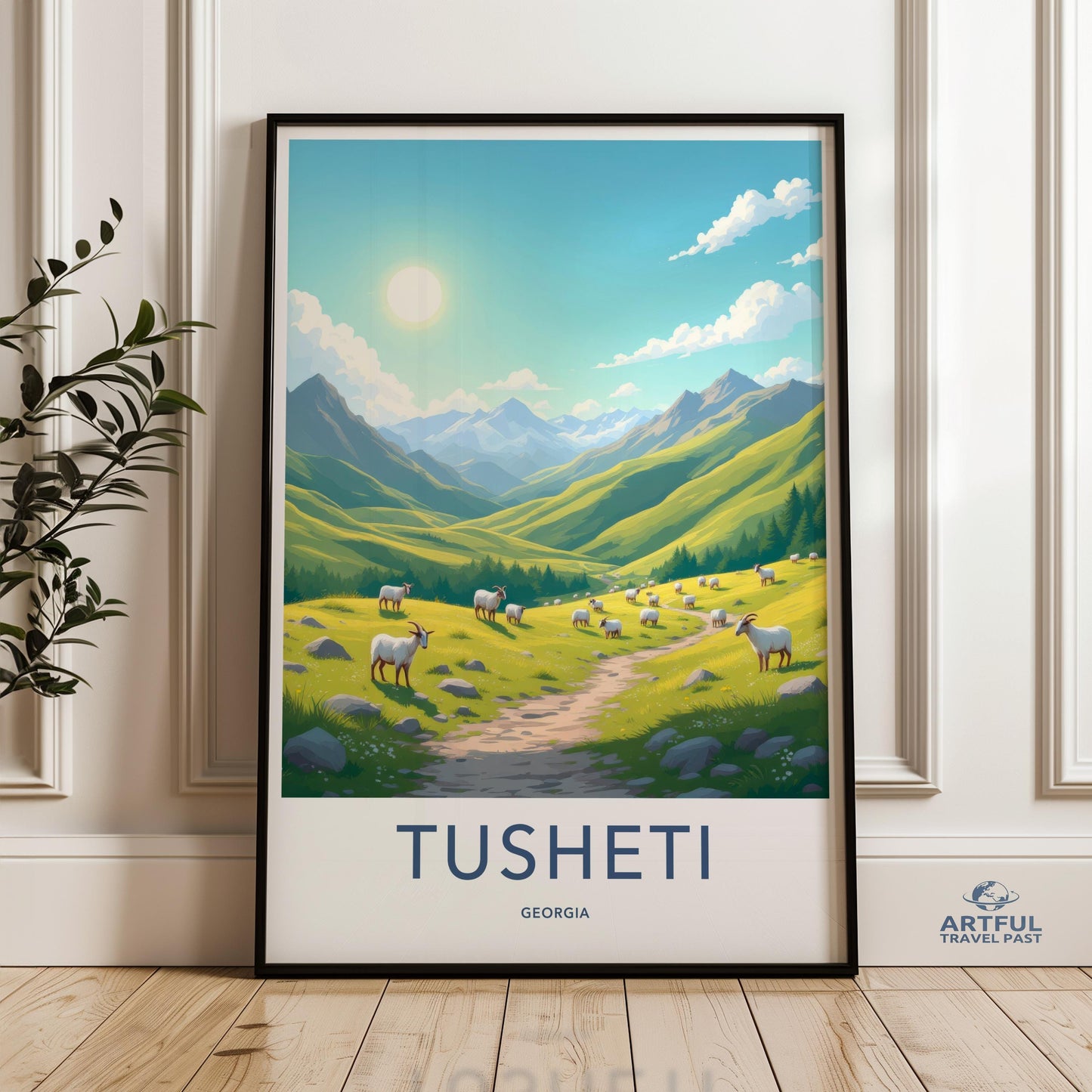 Tusheti Georgia Wall Art, Mountain Landscape Poster, Pastoral Scene with Sheep, Nature Illustration, Serene Decor for Home