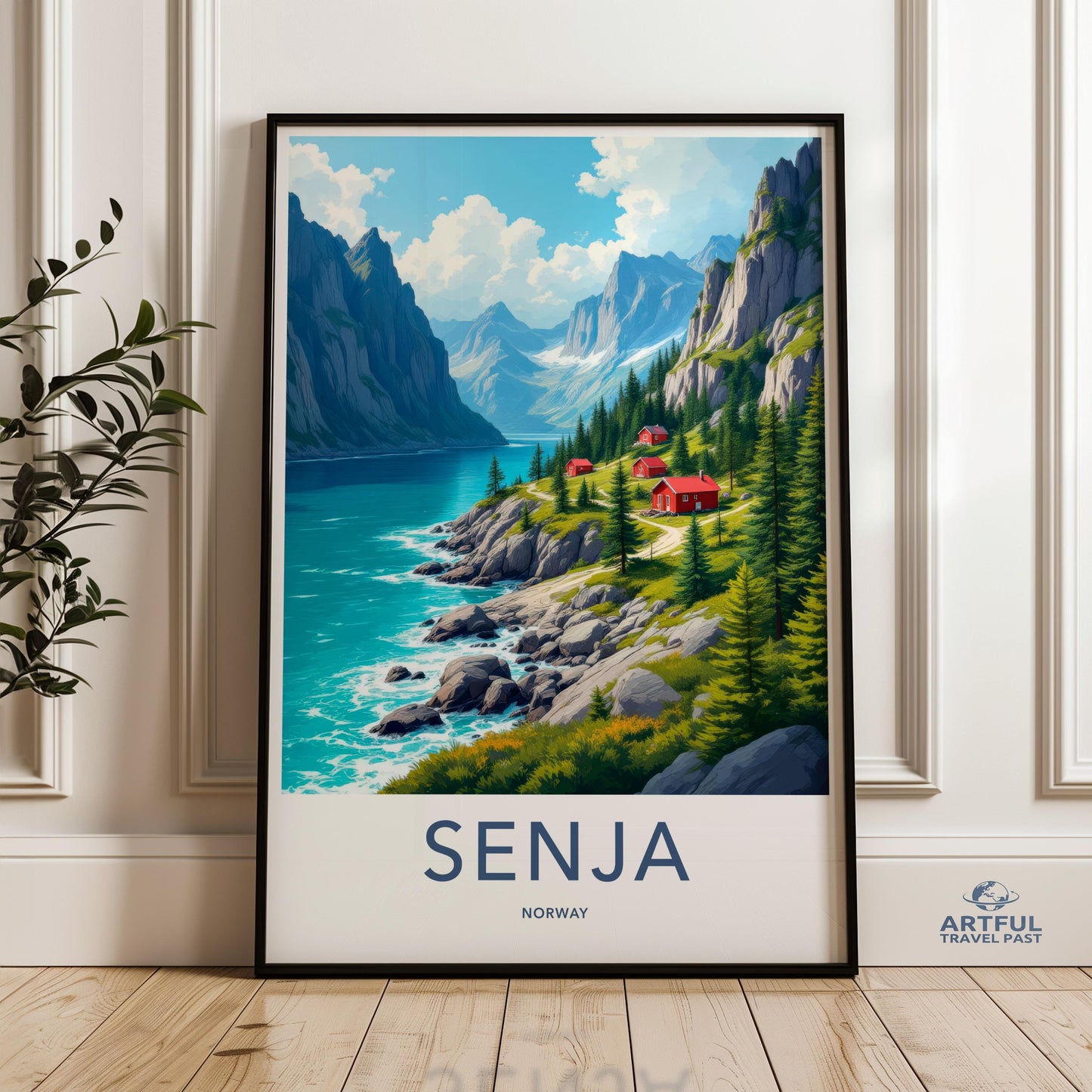 Norway Travel Poster, Senja Scenic Wall Art, Norwegian Nature Print, Red Cabin Mountain Scene, Coastal Landscape Decor, Home Wall Art