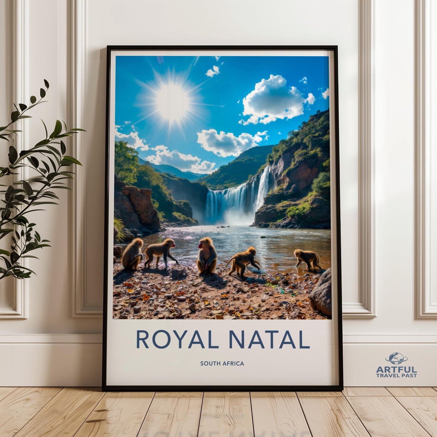 Royal Natal Wall Art, South Africa Nature Print, Wildlife Landscape Poster, Scenic Waterfall Photo, Monkey Group Art, Travel Photography