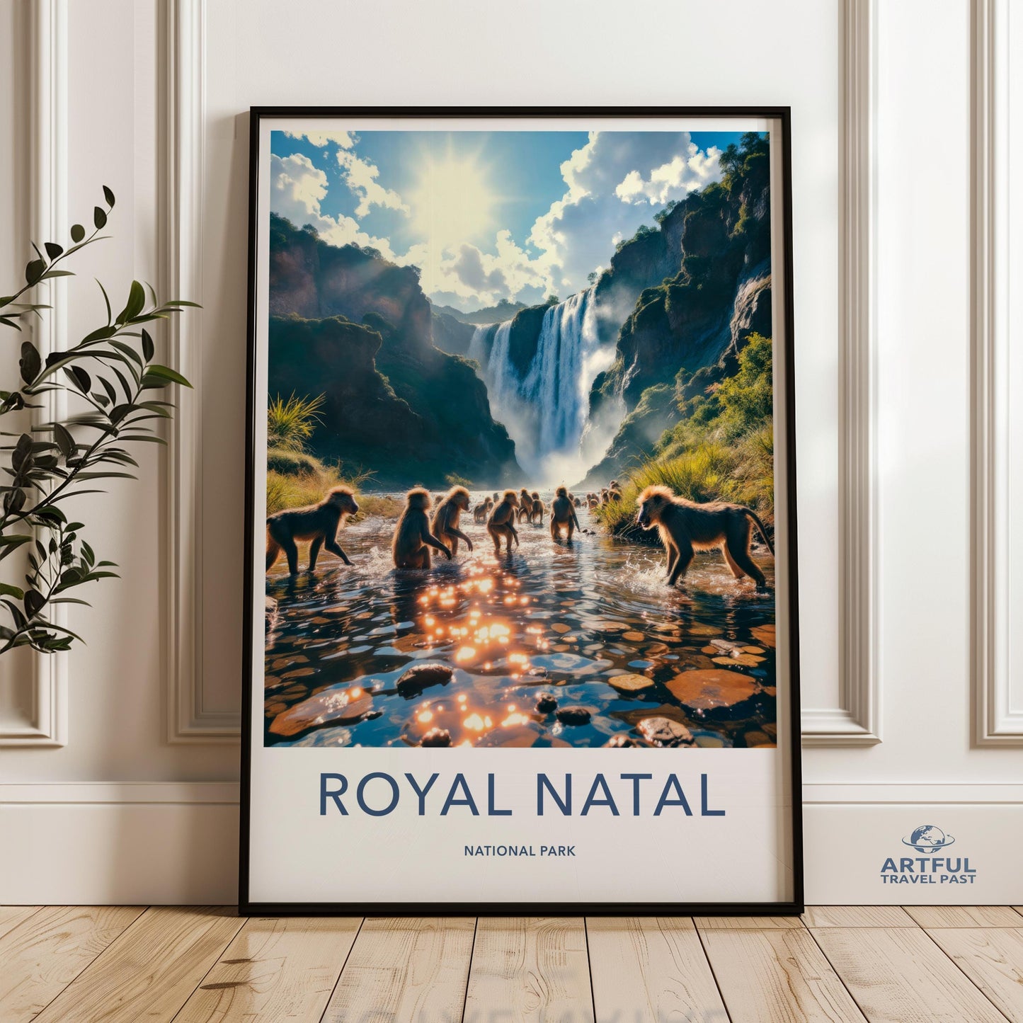 Scenic Waterfall Wall Art, Royal Natal National Park Print, Monkey Group Nature Photography, Sunlit Forest Poster, Wildlife Landscape