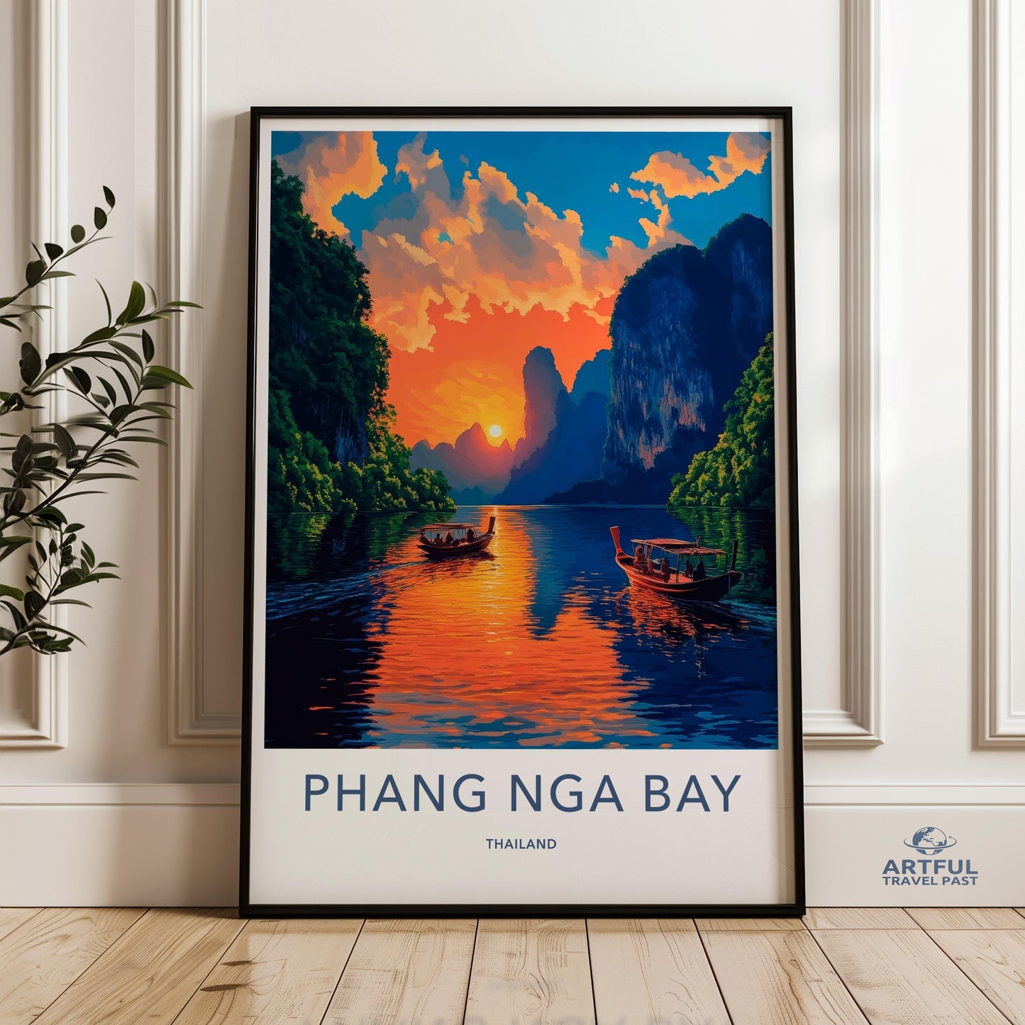 Phang Nga Bay Thailand Wall Art, Scenic Sunset Printable, Travel Poster, Tropical Landscape Decor, Vibrant Coastal Artwork, Boat Scene Print