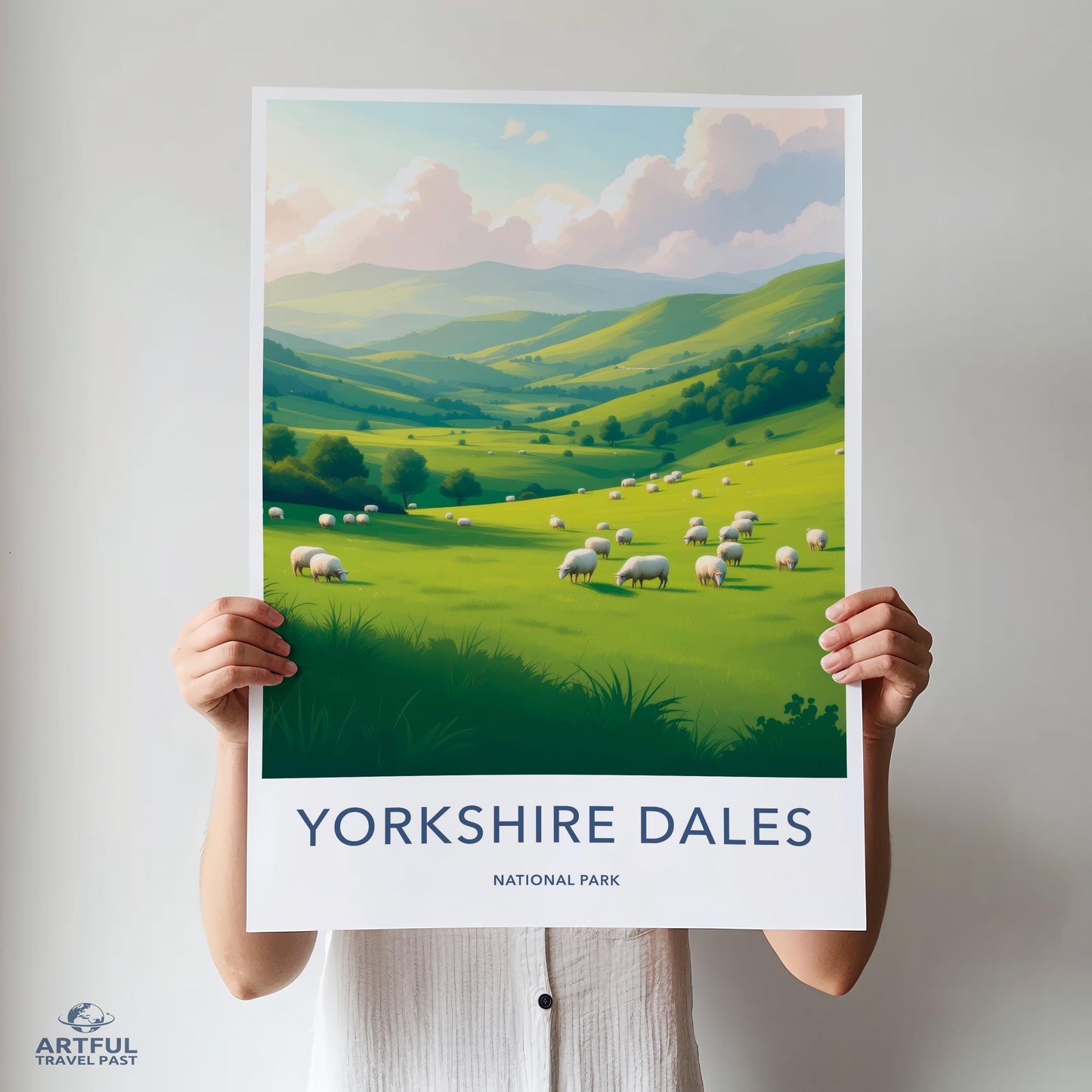 Yorkshire Dales National Park print, scenic landscape wall art, nature lover's decor, sheep pasture illustration, travel poster