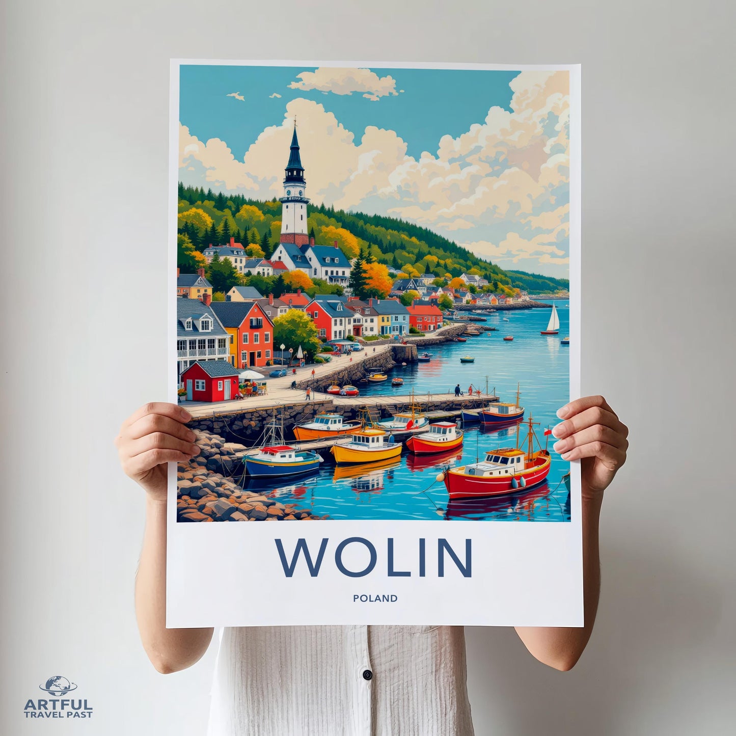 Scenic Wolin Poland Poster Print, Colorful Harbor Wall Art, Coastal Town Artwork, Nautical Decor, Vibrant Travel Illustration