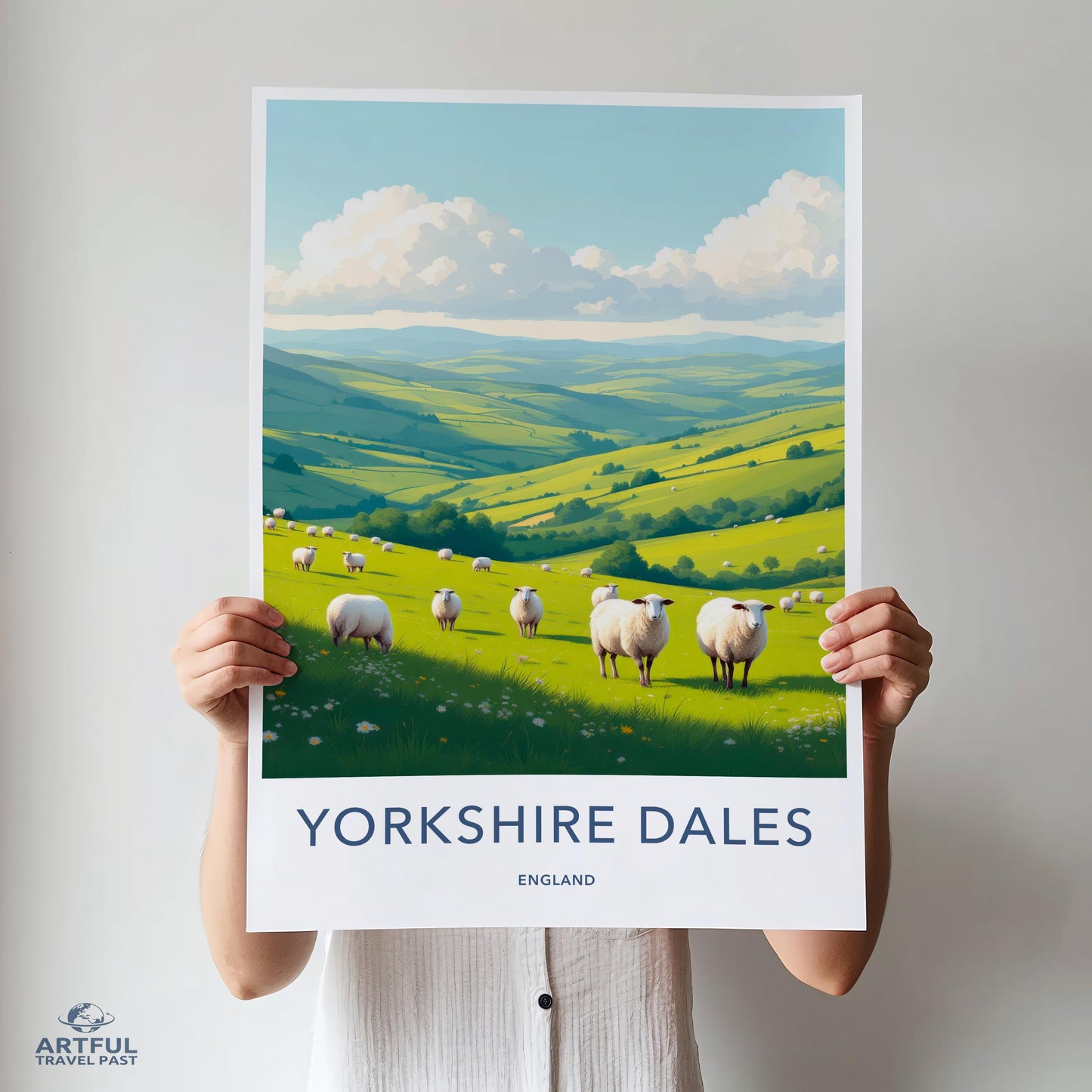 Yorkshire Dales Art Print, England Landscape Wall Decor, Travel Poster, Sheep Illustration, Nature Scenic Artwork, Green Hills Decor
