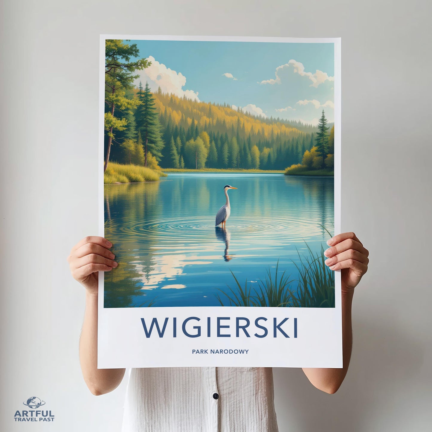 Serenity Lake Art Print, Nature Landscape Poster, Heron Scenic Wall Decor, Tranquil Water Artwork, Calm Forest Scene Painting