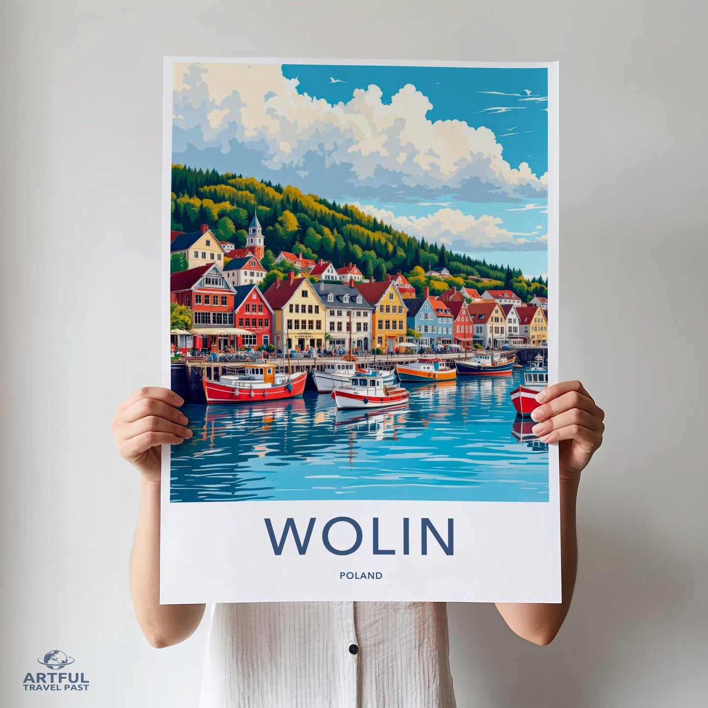 Wolin Poland Travel Poster, Colorful Harbor Art Print, Vintage Style Wall Decor, Coastal Town Illustration, Home Decoration