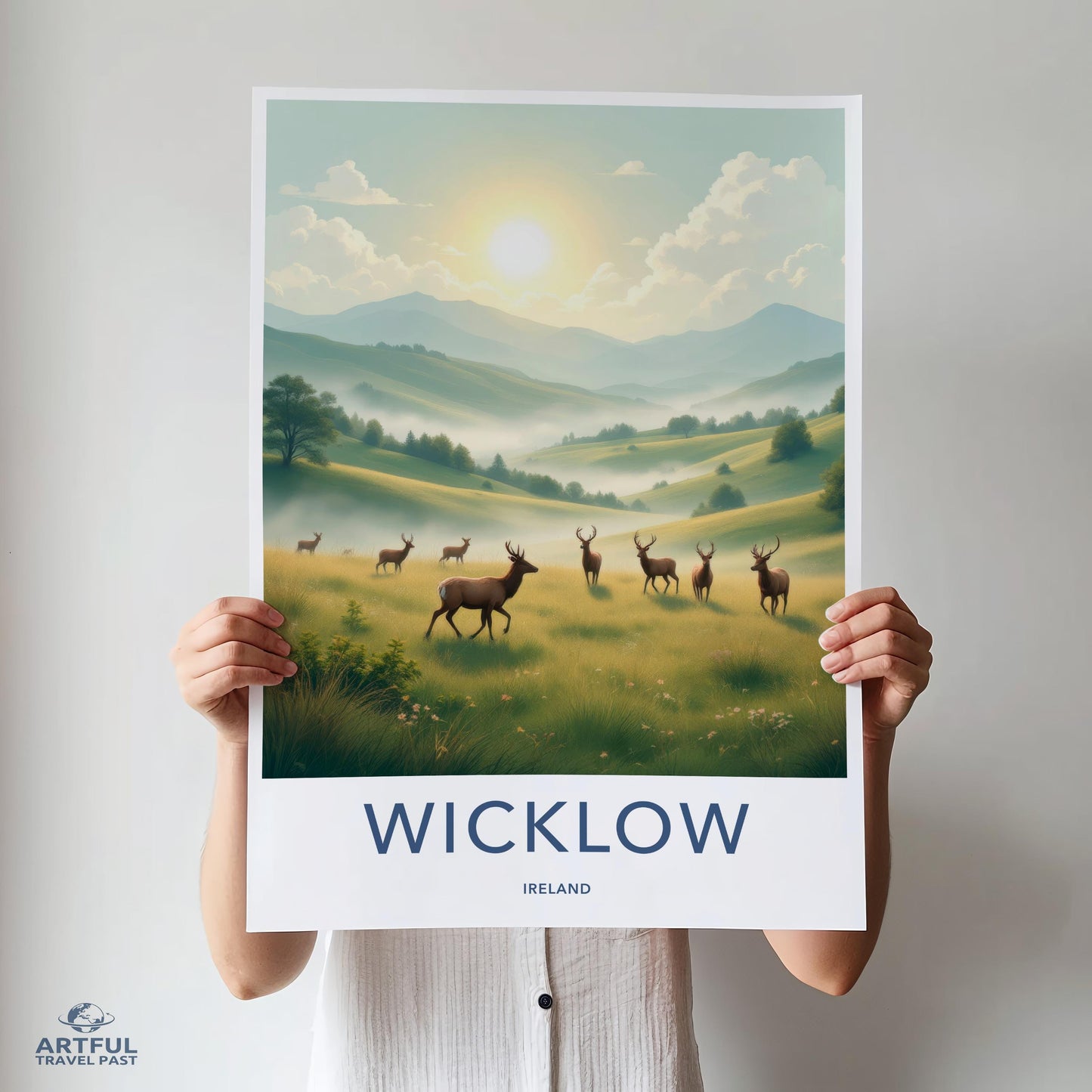 Wicklow landscape print, Ireland travel poster, nature wall art, scenic countryside decor, pastoral illustration, deer scenery