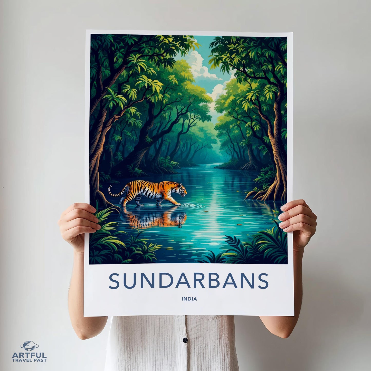 Sundarbans Wildlife Art Print, Tiger in Forest Wall Decor, Nature Poster, India Travel Art, Vibrant Landscape Illustration