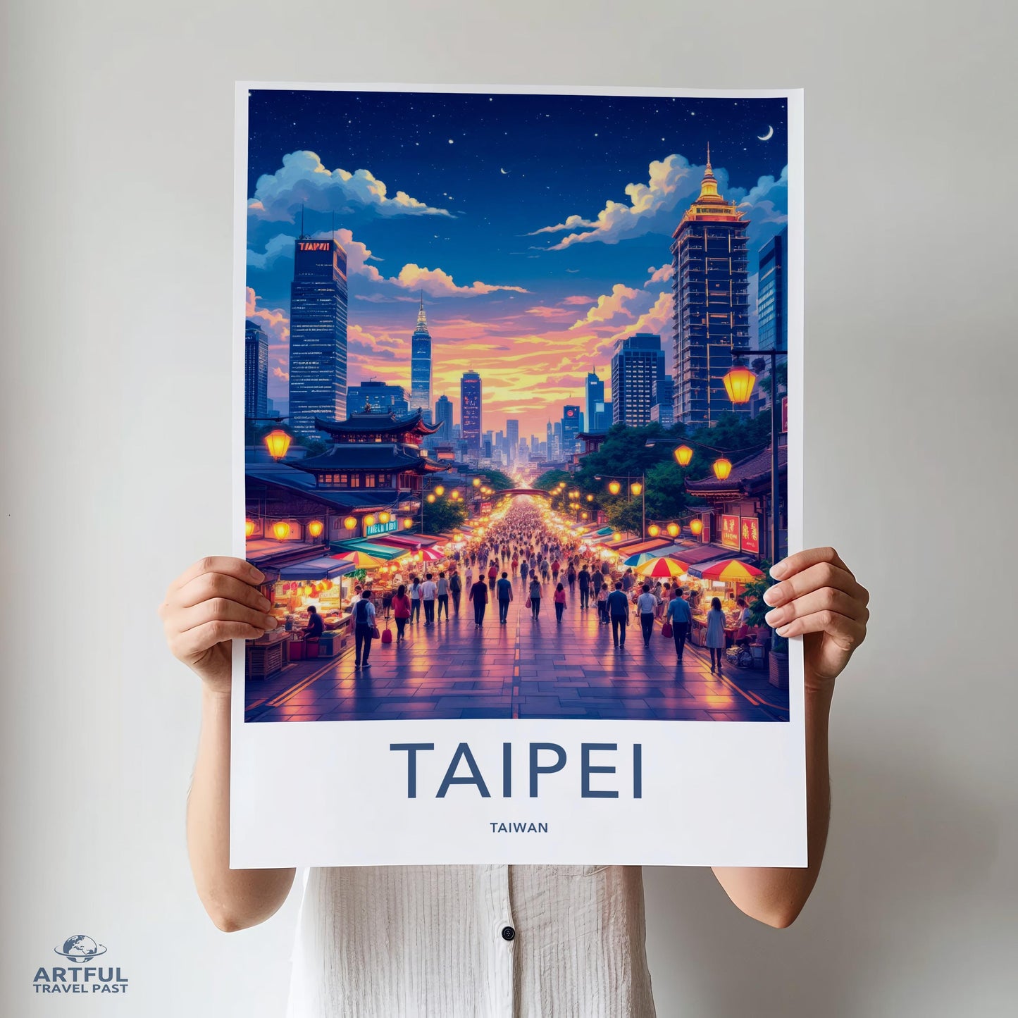 Taipei Cityscape Art Print, Taiwan Street Market Wall Decor, Night City Lights Poster, Urban Landscape Illustration, Vibrant Wall Art