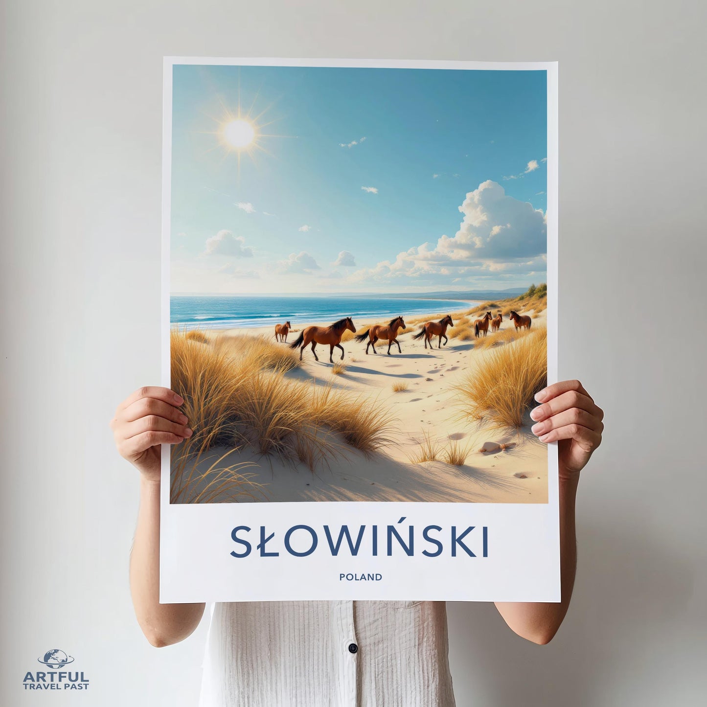 Poland Beach Horses Artwork, Coastal Landscape Print, Słowiński Poster, Nature Scenic Photo, Sunlit Seaside Art for Home Decor