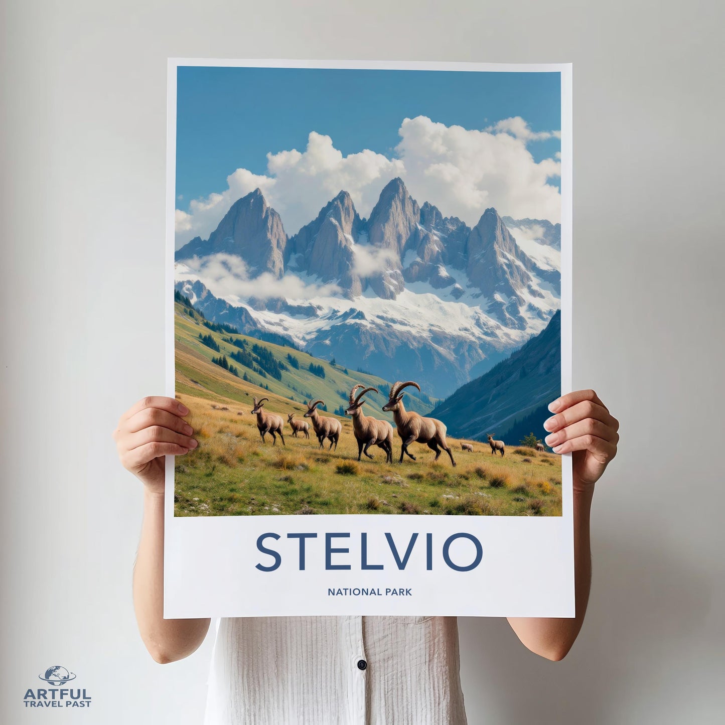 Stelvio National Park Print, Alpine Landscape Wall Art, Mountain Goat Poster, Nature Photography Art, Travel Decor, Adventure Gift