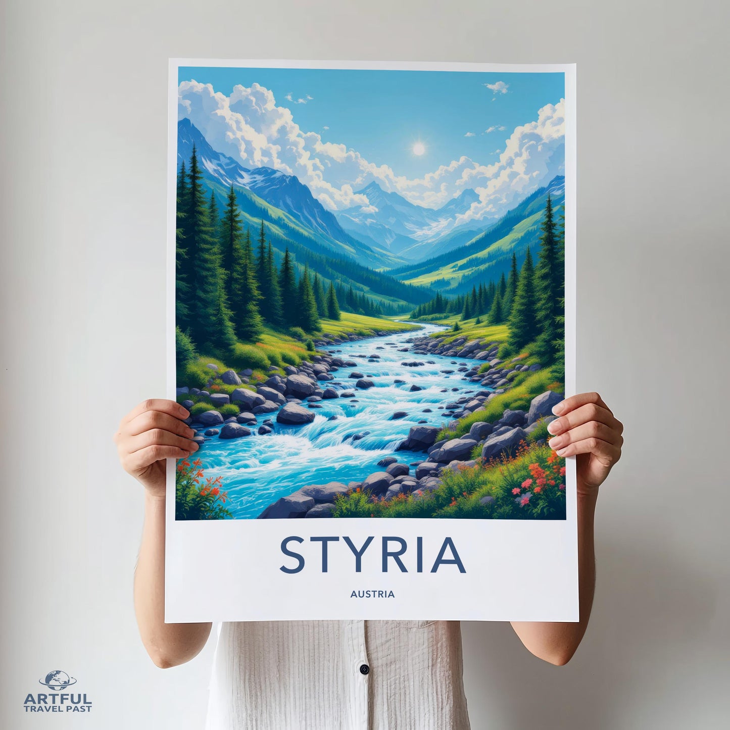 Styria Travel Poster, Austria Wall Art, Mountain River Print, Scenic Nature Artwork, Landscape Print for Home Decor
