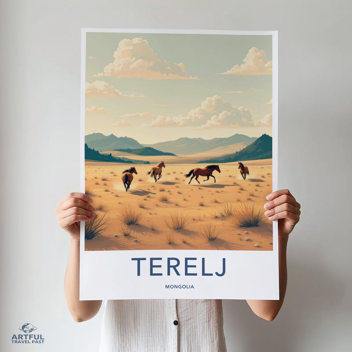 Mongolia Terelj Travel Poster, Minimalist Wilderness Art, Horse Galloping Print, Nature Landscape Decor, Scenic Wall Hanging