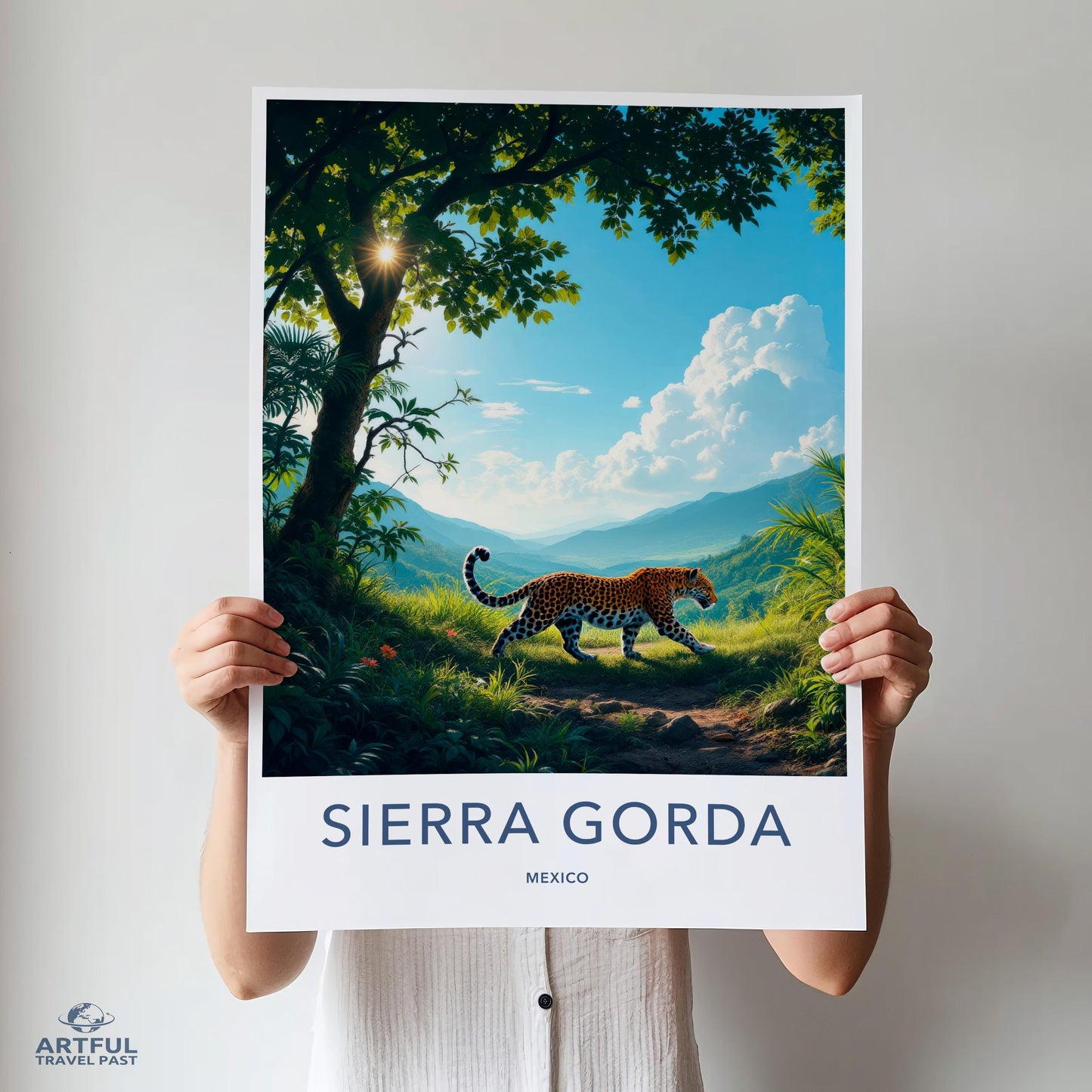 Sierra Gorda Mexico Travel Poster, Jungle Leopard Wall Art, Rustic Nature Print, Scenic Wildlife Landscape, Artful Travel Past