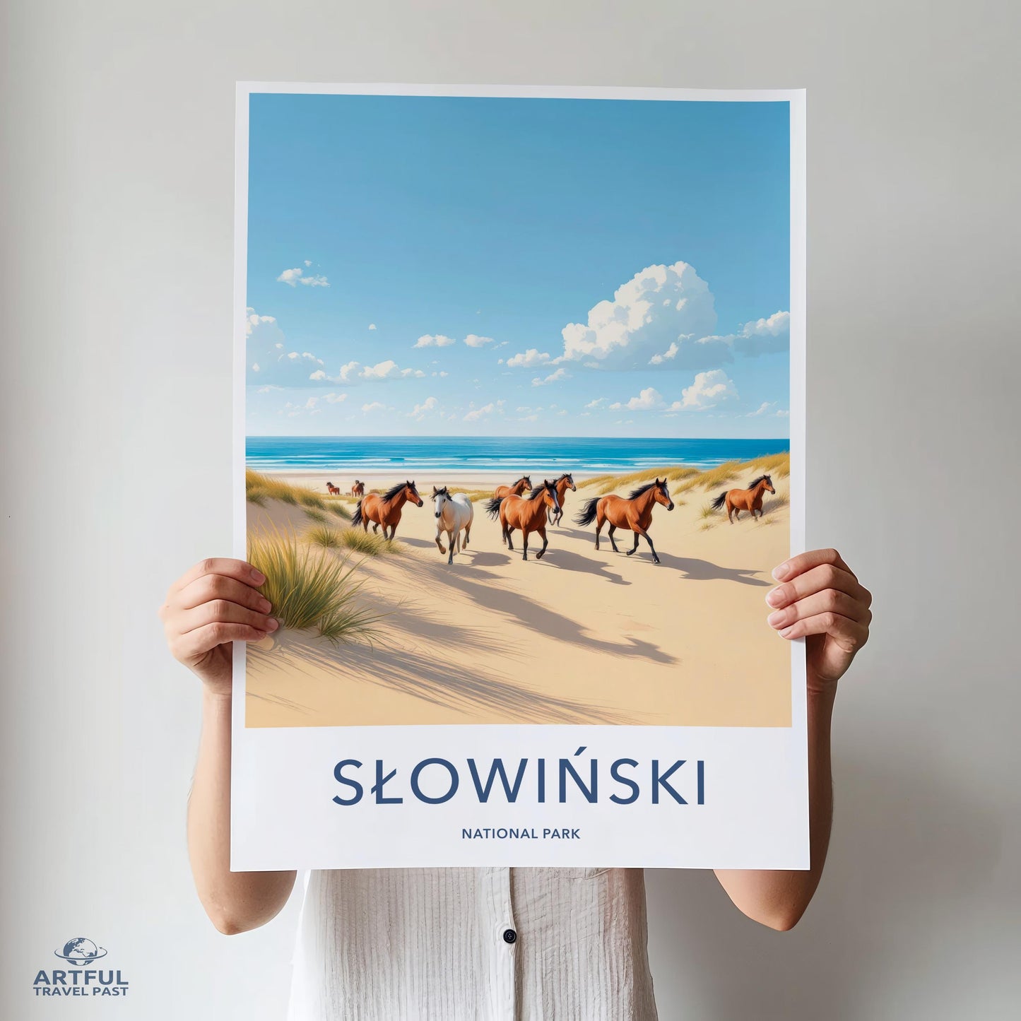 Słowiński National Park Poster, Horses on Beach Art Print, Scenic Coastal Wall Decor, Nature Landscape Illustration, Travel Poster