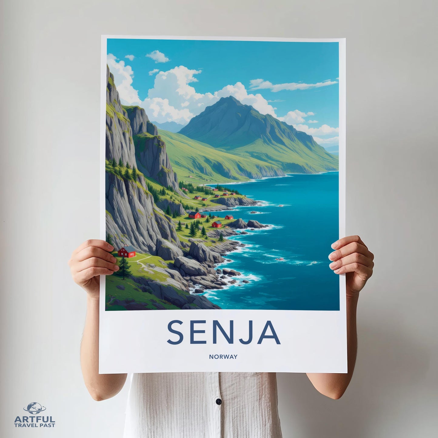 Senja Norway travel poster, scenic landscape art, wall decor, coastal mountains print, nature illustration, home office decoration