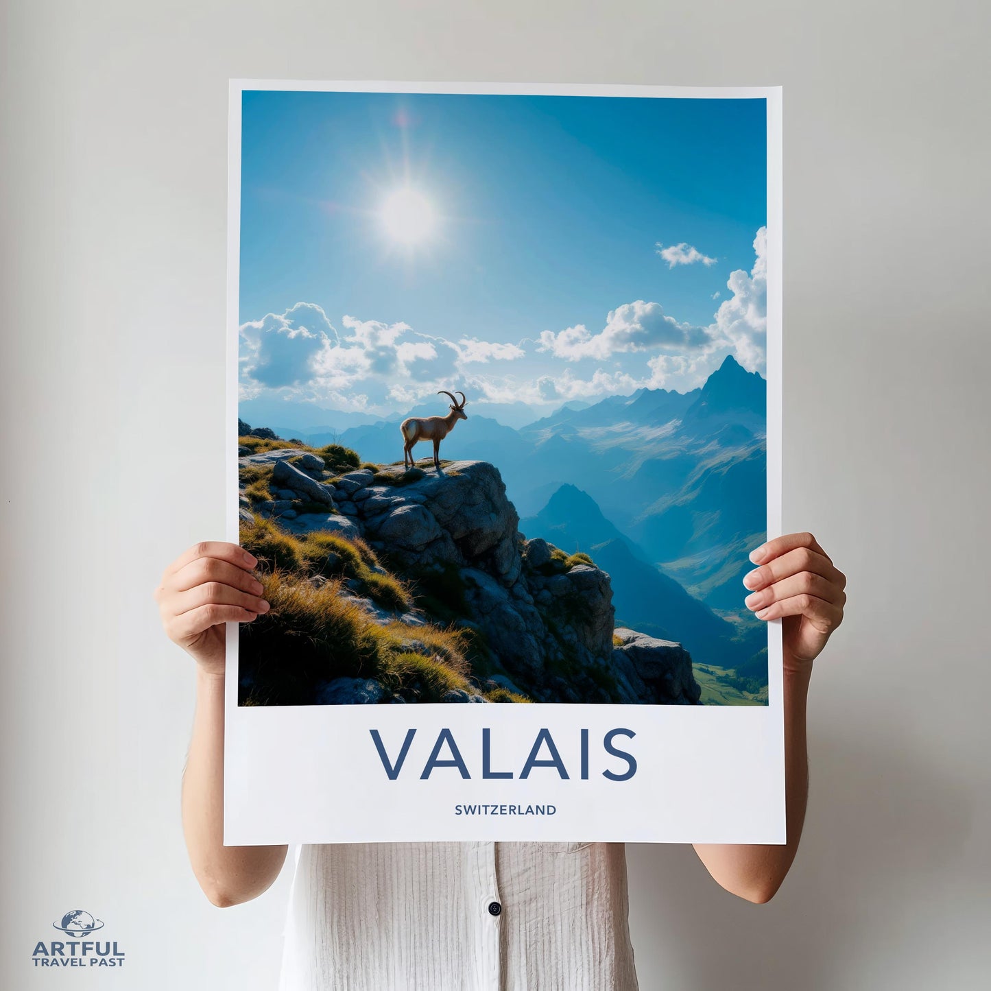 Valais Switzerland Travel Poster, Mountain Goat Art, Alpine Landscape Print, Swiss Alps Wall Decor, Nature Photography