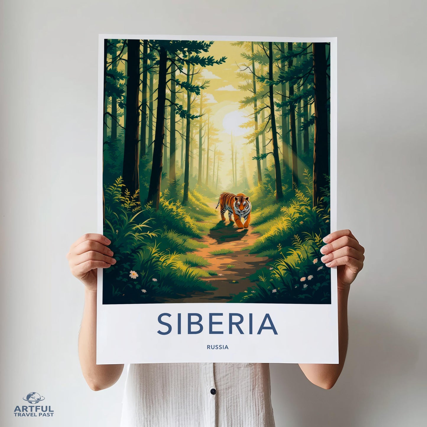 Siberia Art Print, Russia Travel Poster, Tiger in Forest, Nature Wall Art, Vintage Travel Decor, Adventure Illustration