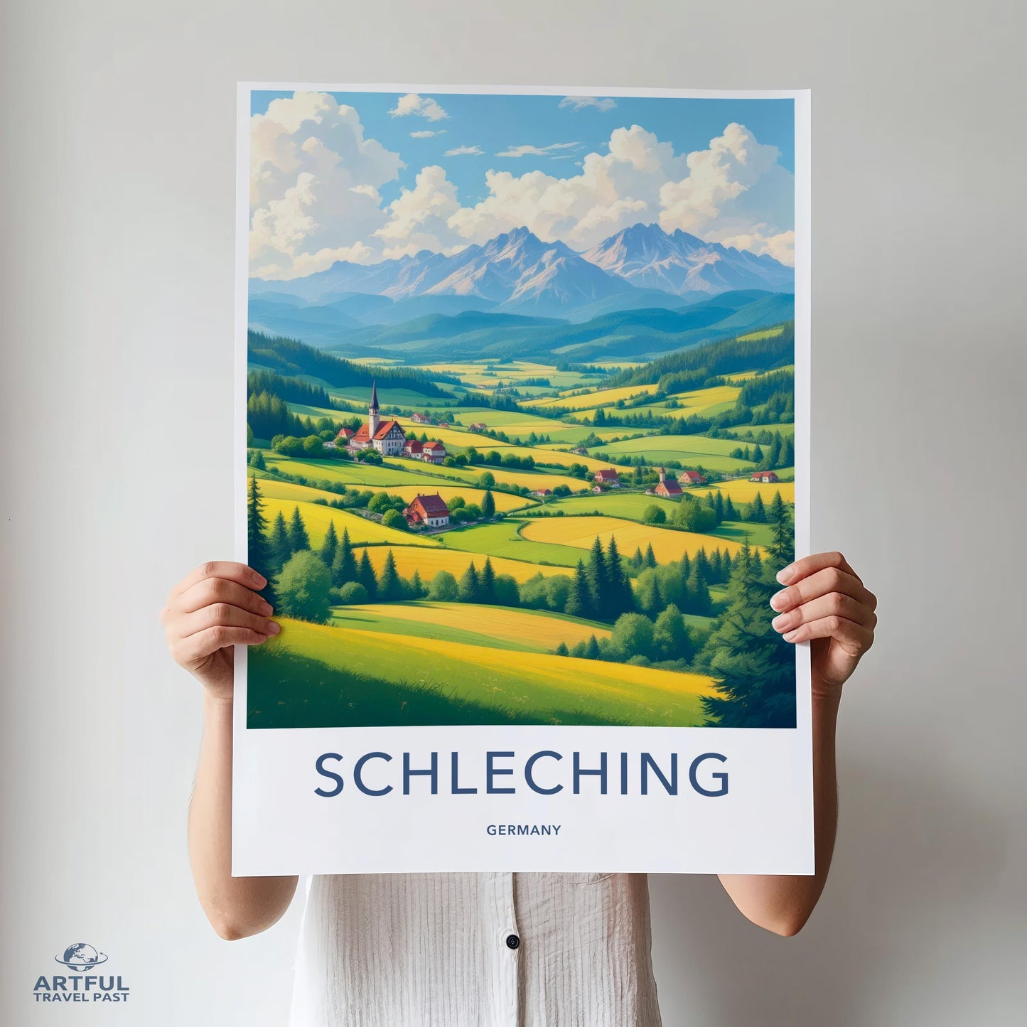 Schleching Germany Travel Poster, Mountain Landscape Wall Art, Scenic German Countryside Print, Nature Artwork Decor
