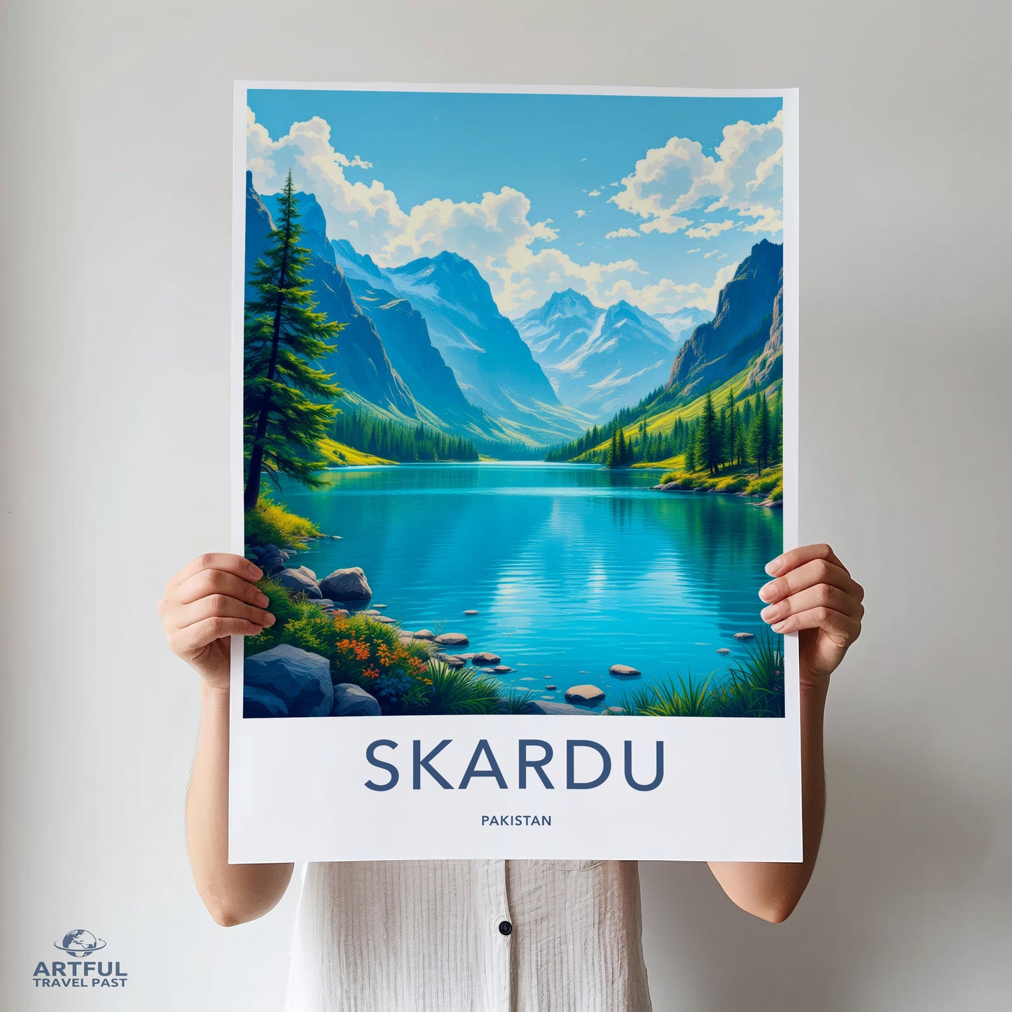 Skardu Poster Wall Art, Scenic Landscape Artwork, Nature Decor, Adventure Travel Print, Mountain Lake View, Blue Green Wall Art