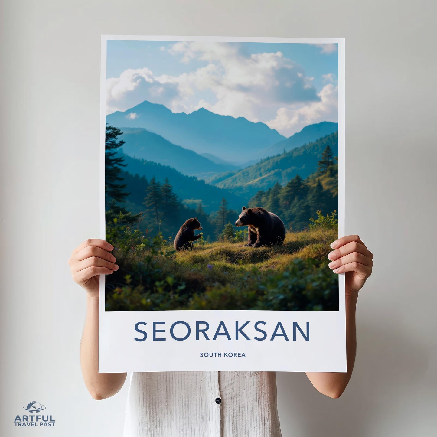 Mountain Landscape Poster, Nature Wall Art, Bear Family Print, Seoraksan South Korea Decor, Wildlife Photography, Home Decor