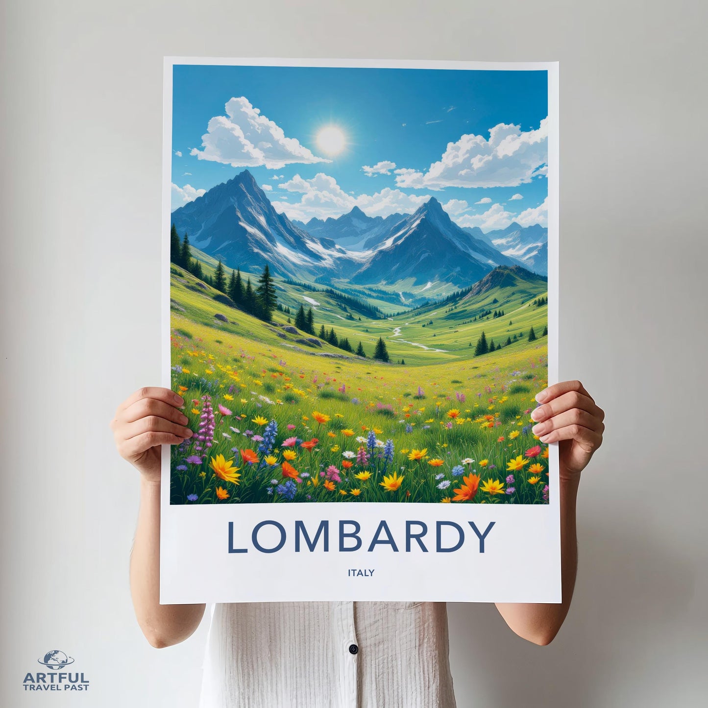 Lombardy Italy travel poster, Scenic Mountain landscape wall art, Colorful wildflower meadow print, Nature lovers gift idea