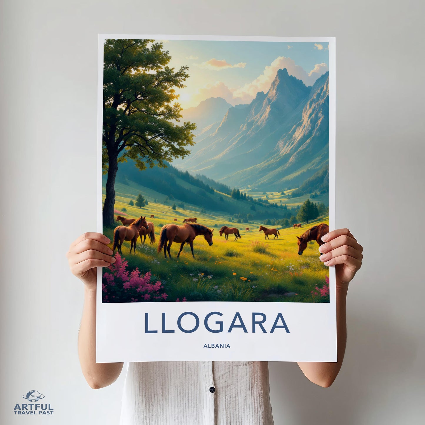 Llogara Albania Travel Poster, Horses Grazing in Meadow, Mountain Landscape Art Print, Home Decor Wall Art, Nature Artwork
