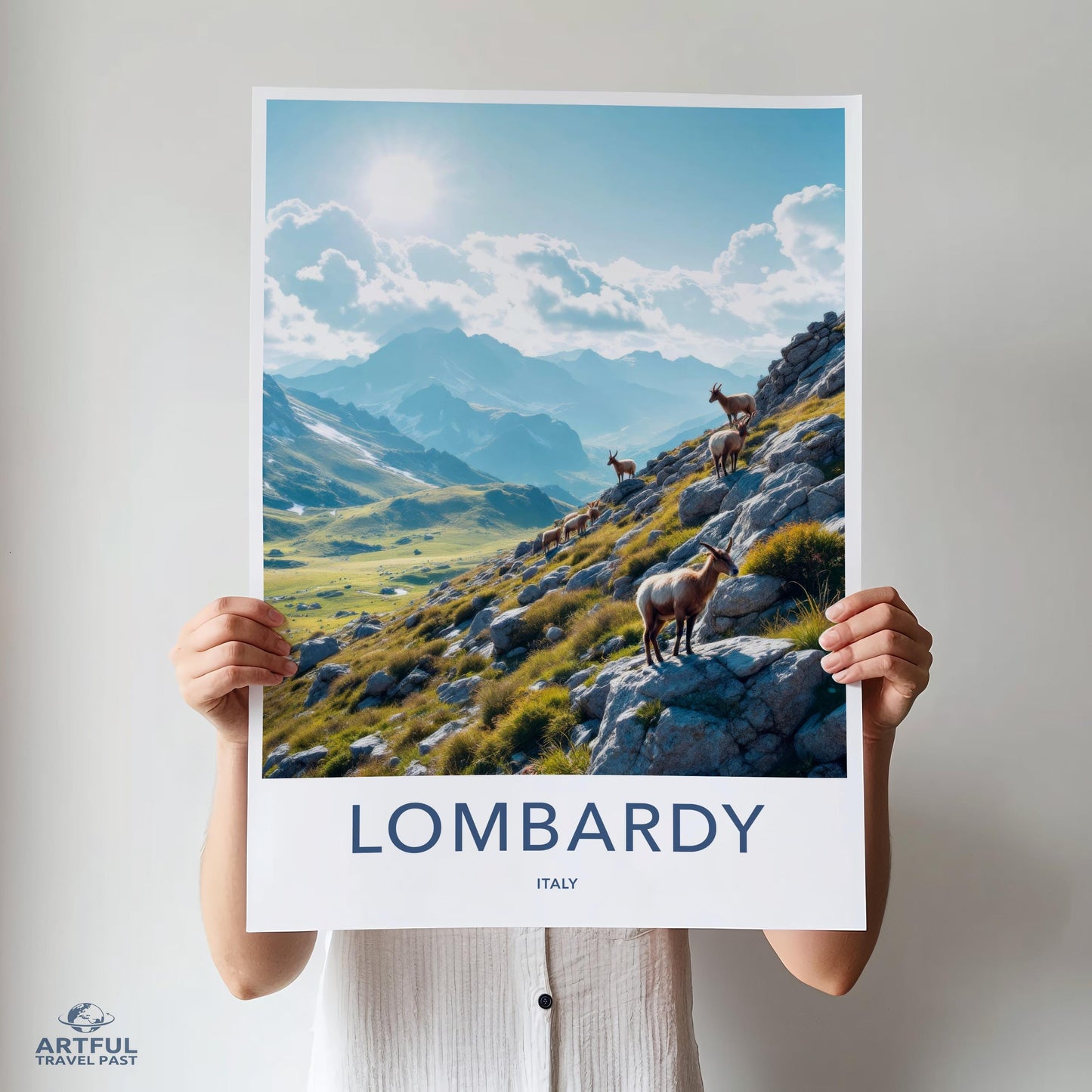 Lombardy Italy travel poster, scenic mountains landscape wall art, European nature print, wildlife decor, adventure artwork