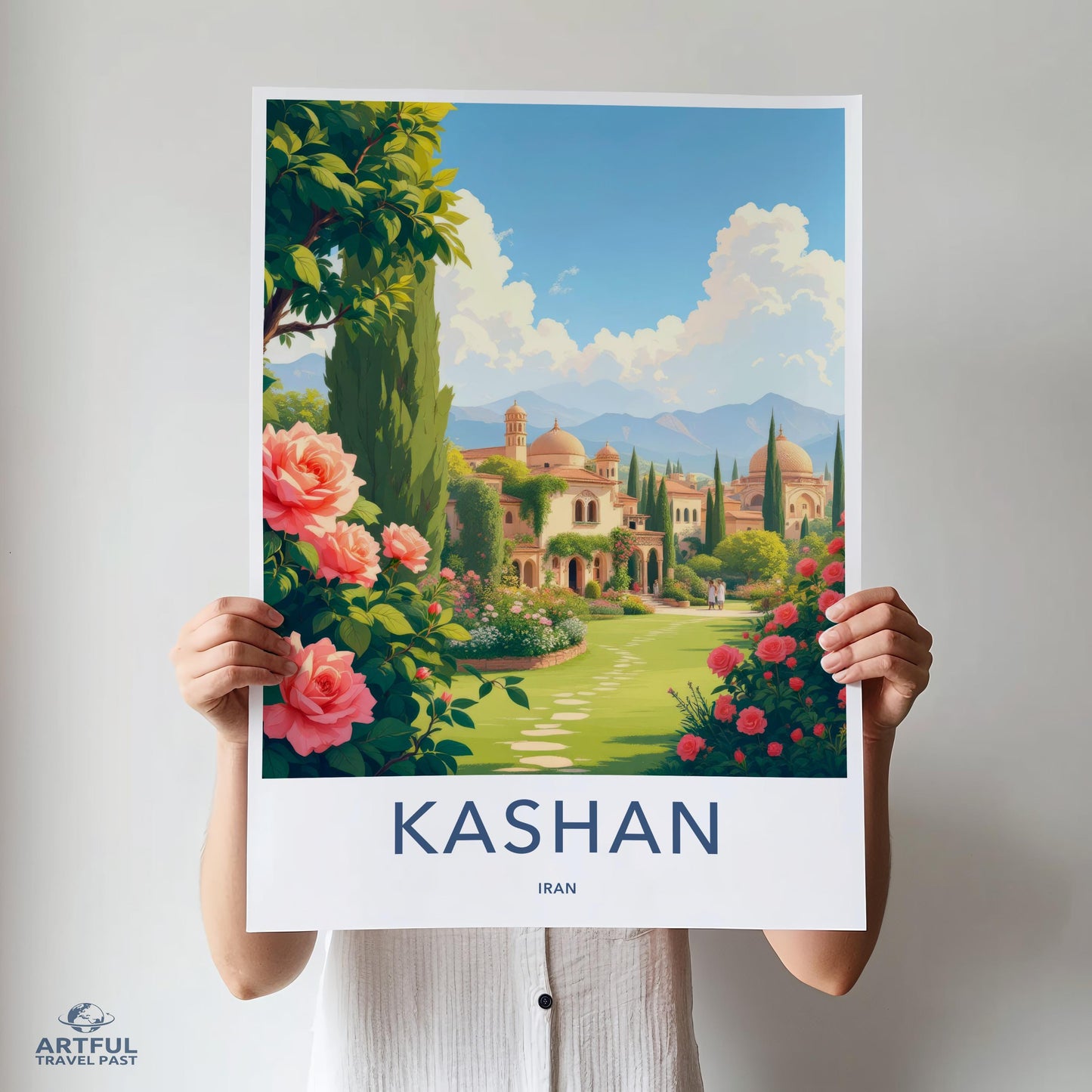 Kashan Iran travel poster, vintage style artwork, scenic landscape print, wall decor, home art, gift idea, rose garden illustration