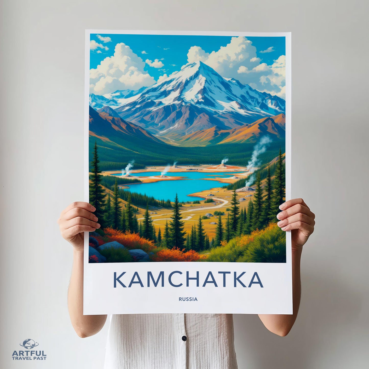 Kamchatka Russia Travel Poster, Scenic Wilderness Art Print, Adventure Wall Decor, Colorful Landscape Illustration