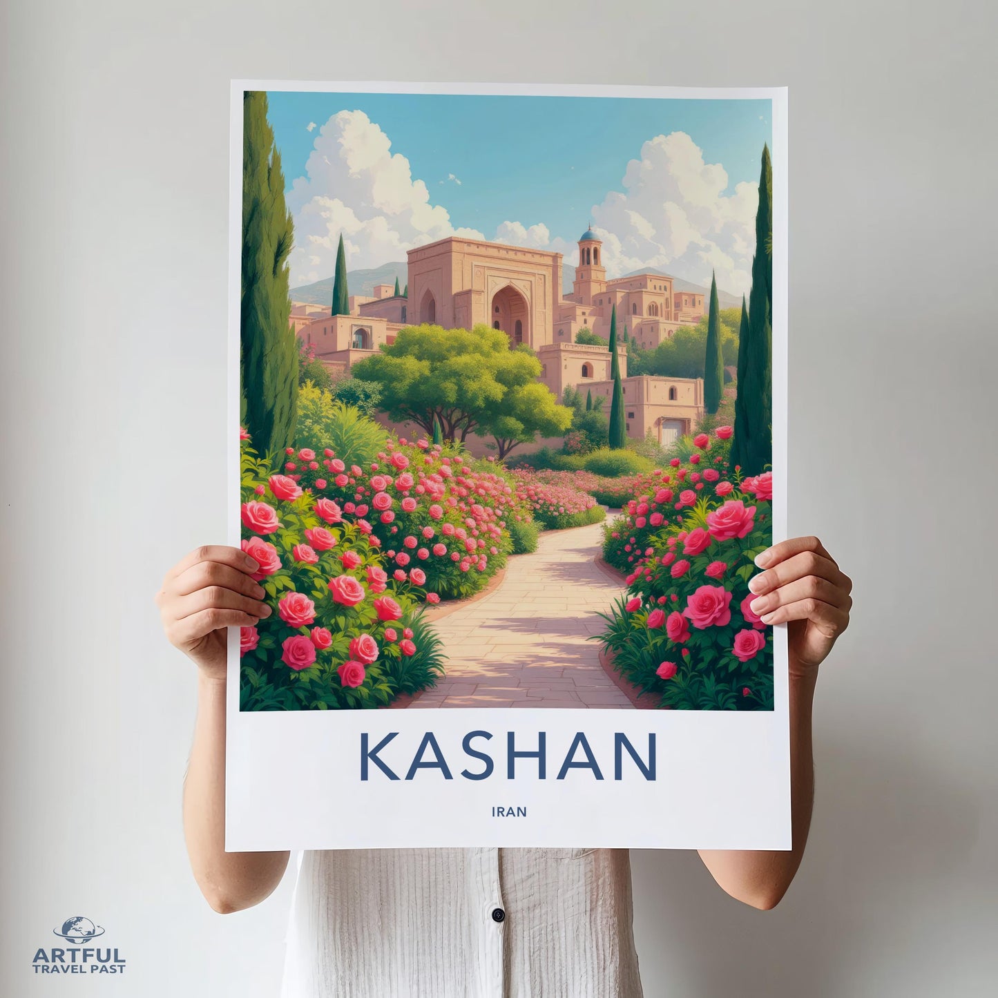 Kashan travel poster art print, Iran landscape wall decor, floral path art, historic cityscape, vibrant garden illustration