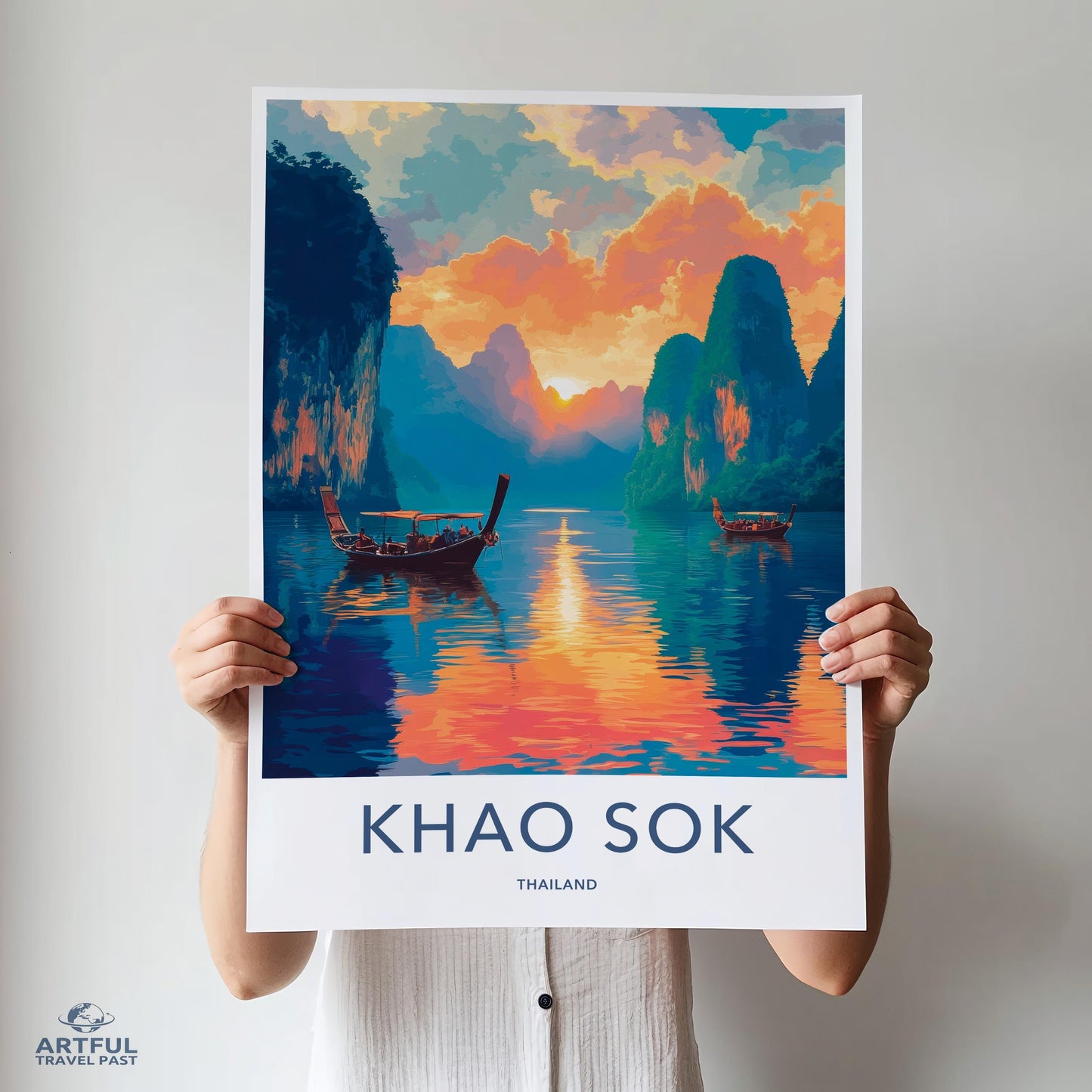 Khao Sok Thailand Wall Art, Travel Poster, Nature Print, Scenic Decor, Landscape Artwork, Tropical Sunset, Colorful Mountain Scene