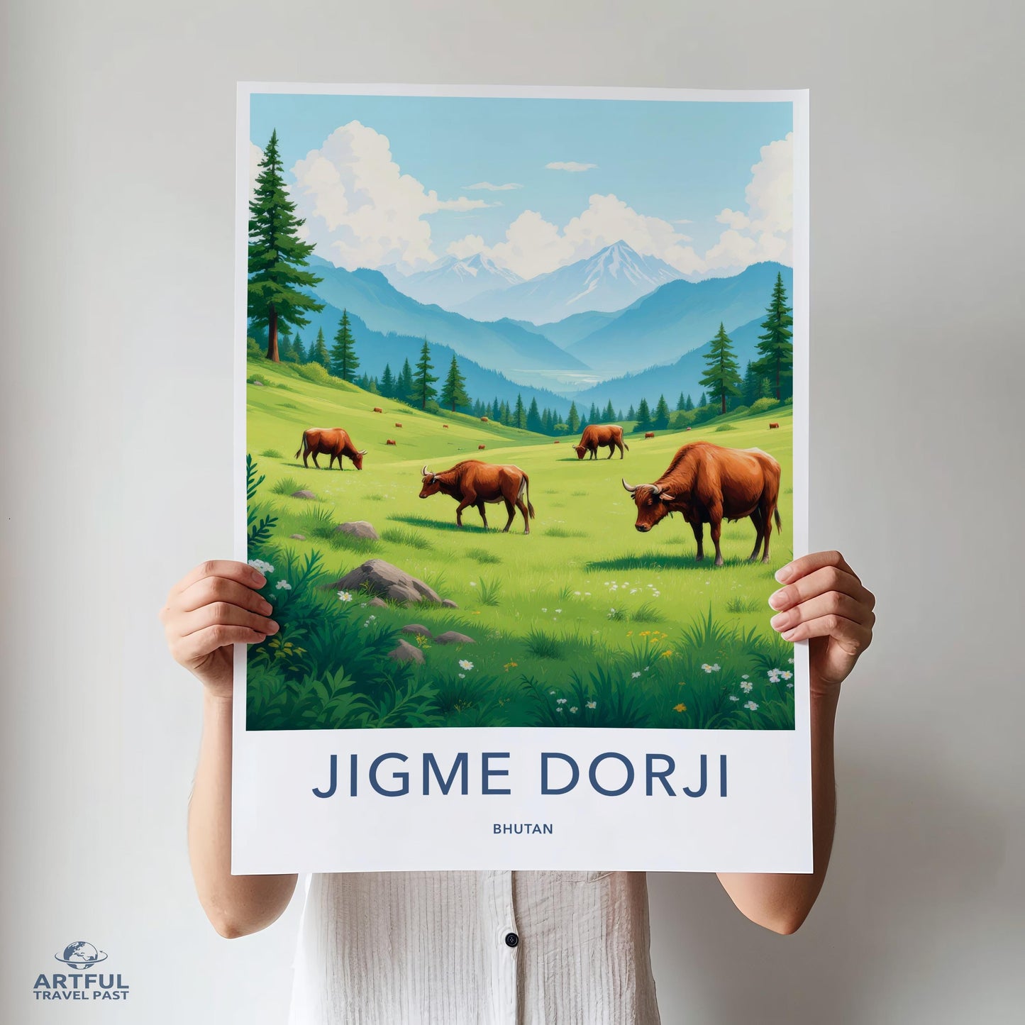 Bhutan travel poster, mountain landscape with cows, vibrant wall art, nature scenery print, colorful travel decor, scenic poster