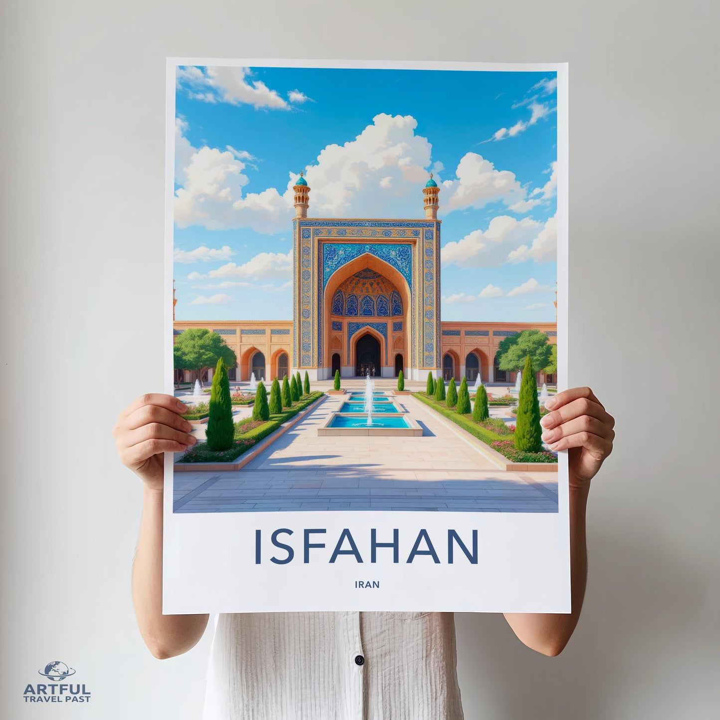 Isfahan Iran Travel Poster, Islamic Architecture Art Print, Persian Heritage Wall Decor, Historic Cityscape Illustration, Vibrant Artwork