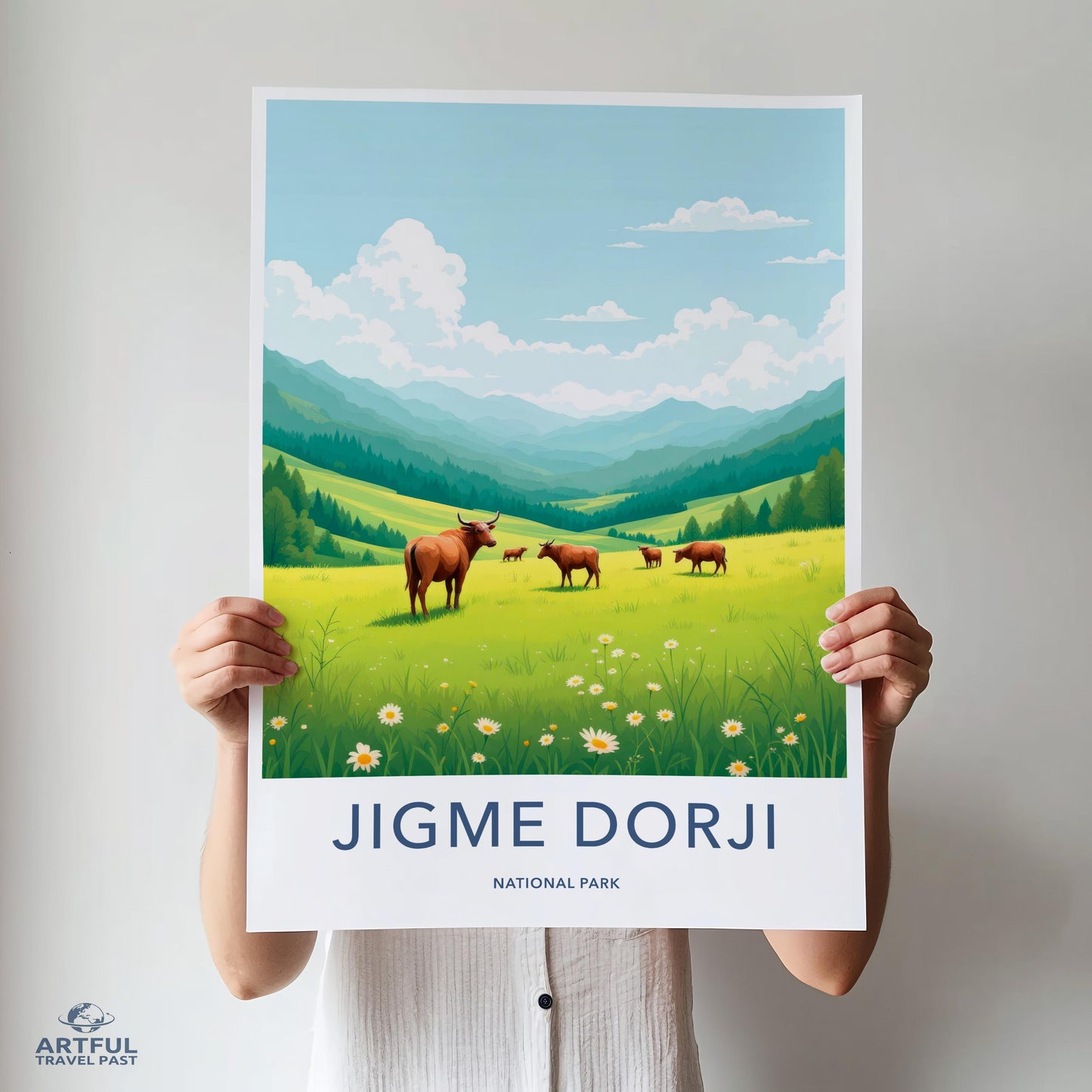Jigme Dorji National Park Print, Colorful Landscape Art, Nature Poster, Mountain Scenery, Wall Decor, Travel Illustration
