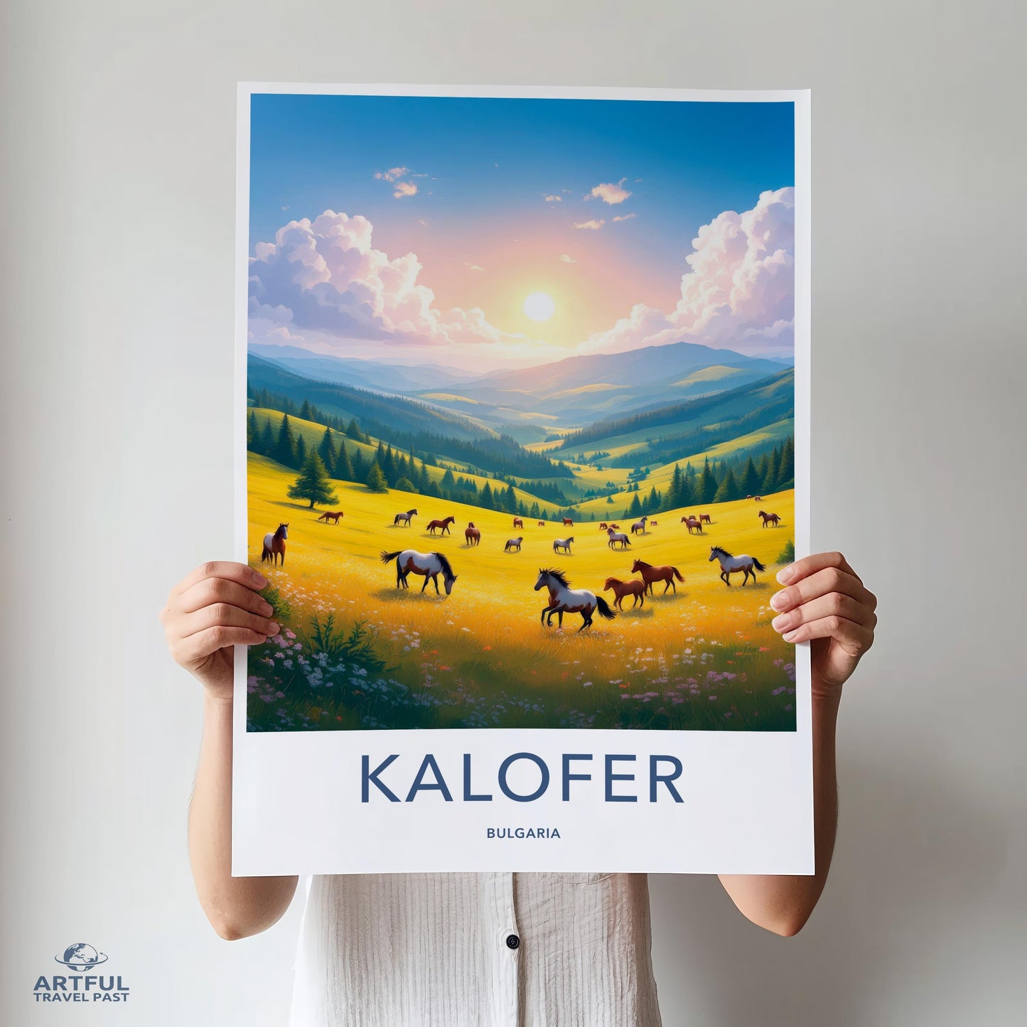 Kalofer Bulgaria Poster, Nature Art Print, Scenic Wall Art, Horse Landscape Decor, Travel Souvenir, Sunset Meadow Scenery
