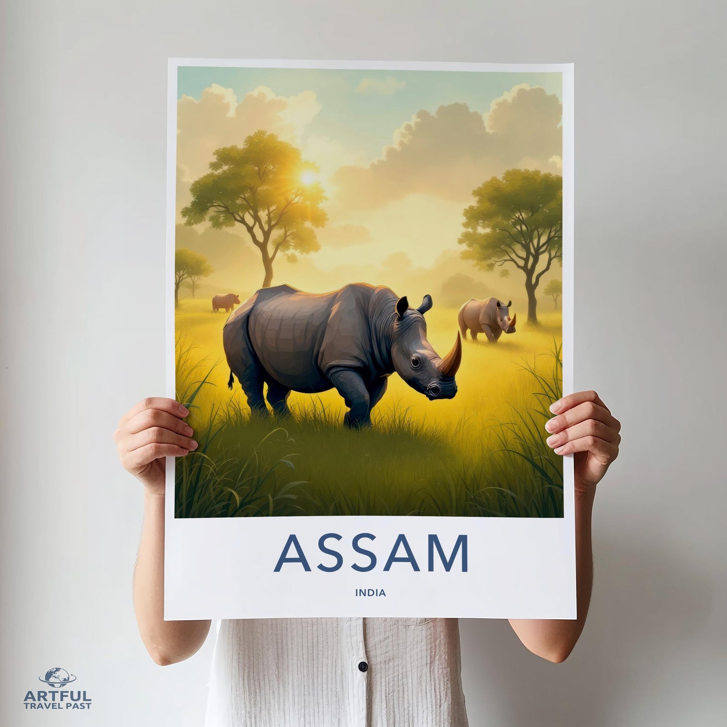 Assam Wildlife Poster, Indian Rhinoceros Art, Jungle Decor, Nature Artwork, Animal Illustration, Rhino Print, Travel Wall Art