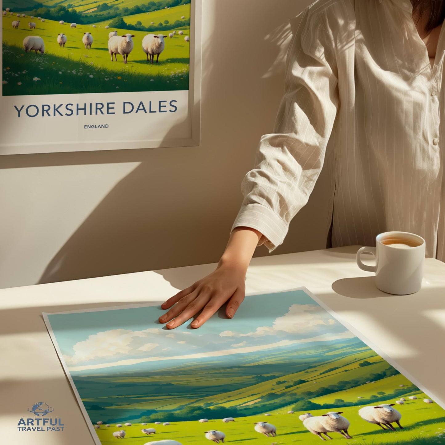 Yorkshire Dales England Travel Poster, Farmhouse Wall Art Decor, Countryside Landscape Print, Scenic Sheep Pasture Illustration