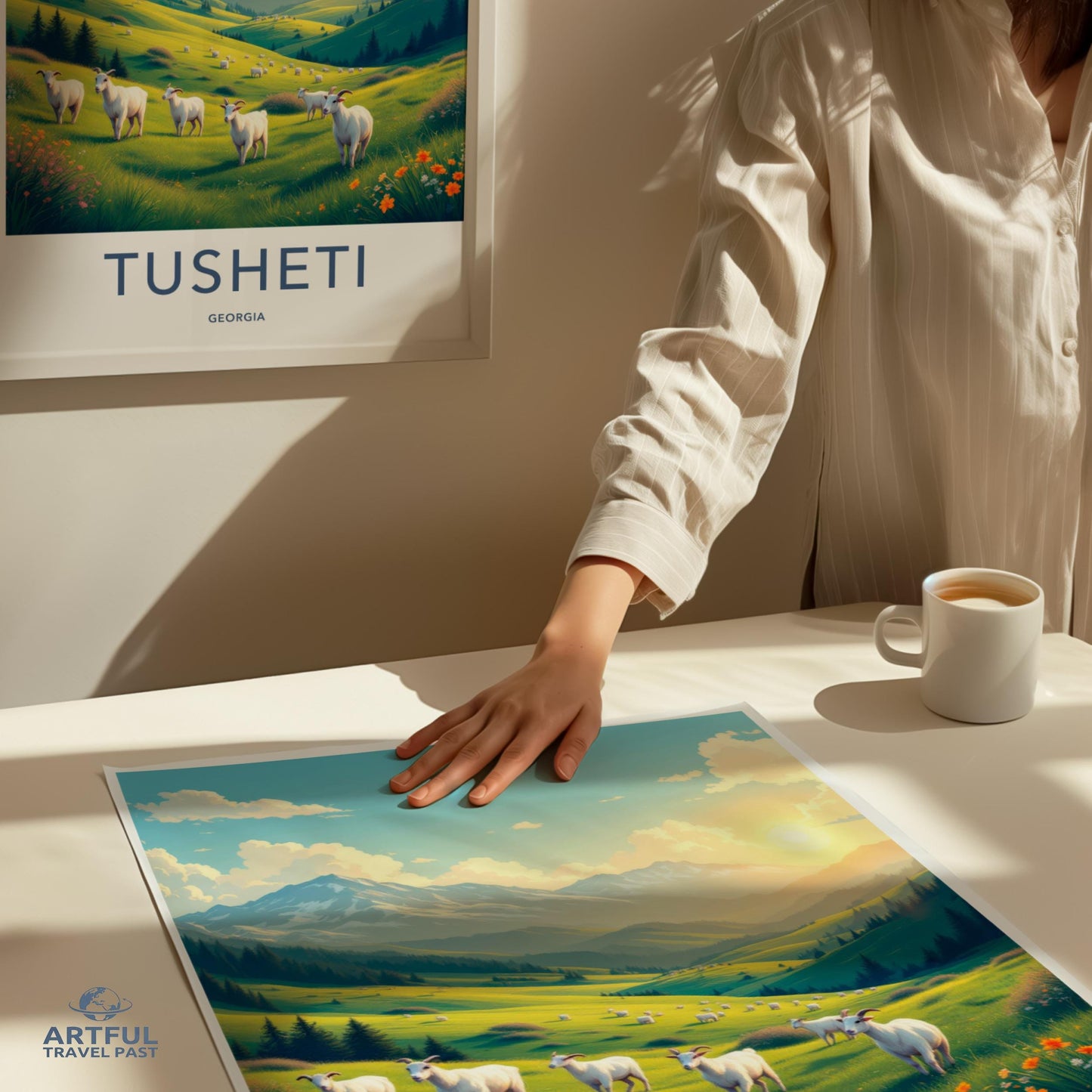 Tusheti Georgia travel poster, scenic landscape art print, vibrant mountain pasture with sheep, wall decor, gift for travelers