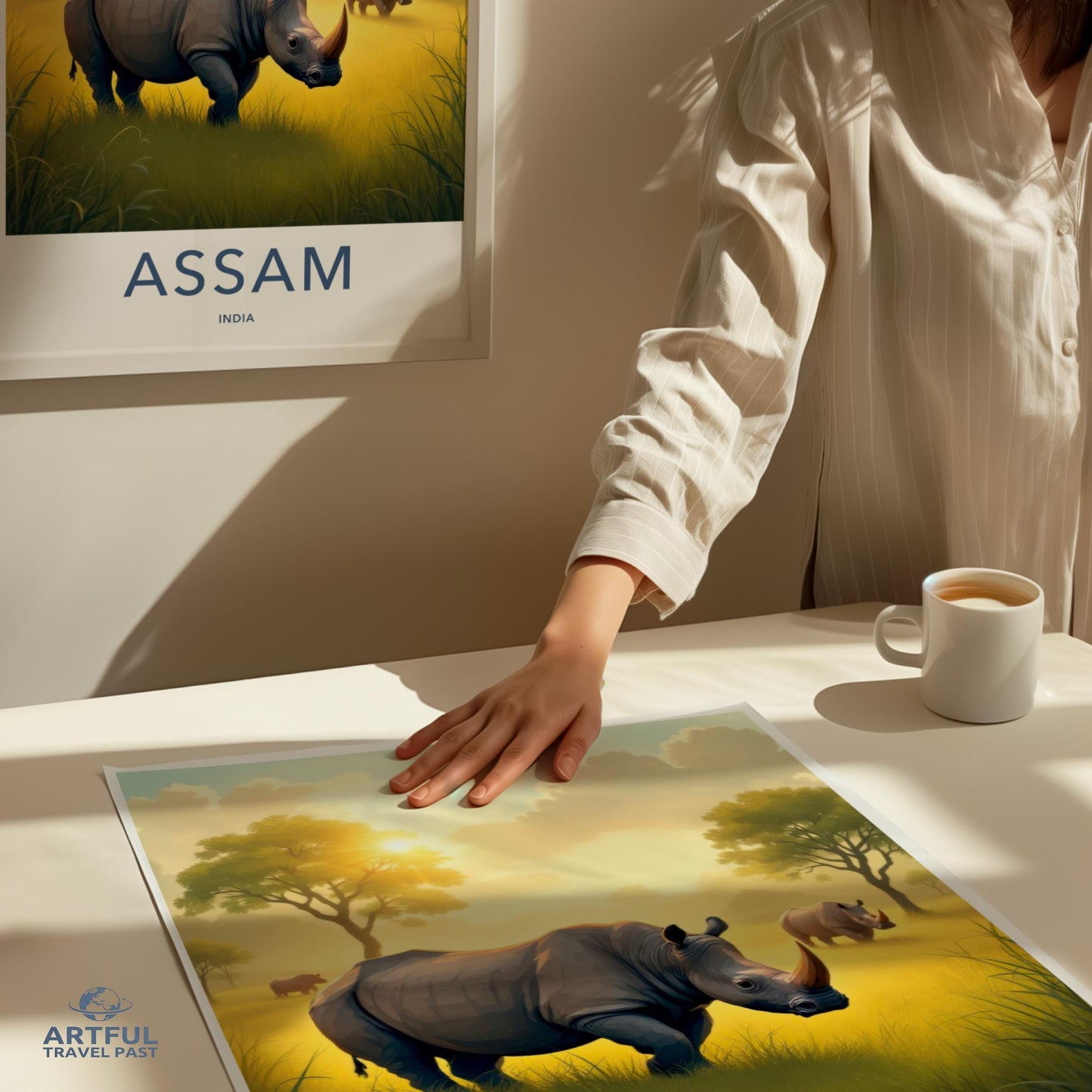 Assam India Wildlife Art Print, Rhino Wall Decor, National Park Travel Poster, Nature Illustration Art, Exotic Animal Poster