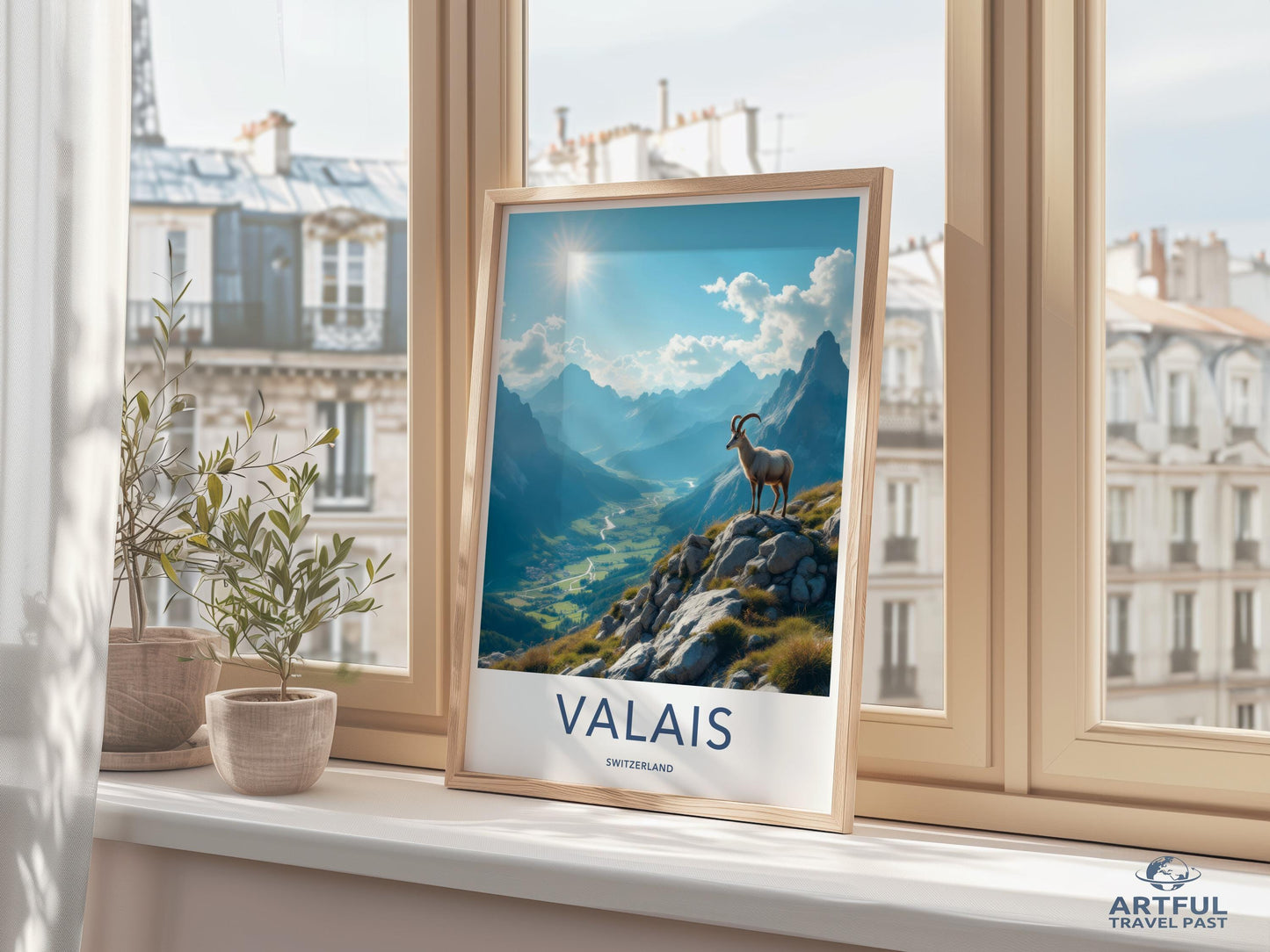 Swiss Alps Poster, Wall Art Print, Scenic Mountain Landscape, Valais Switzerland, Goat in Nature, Travel Decor, Framed Art