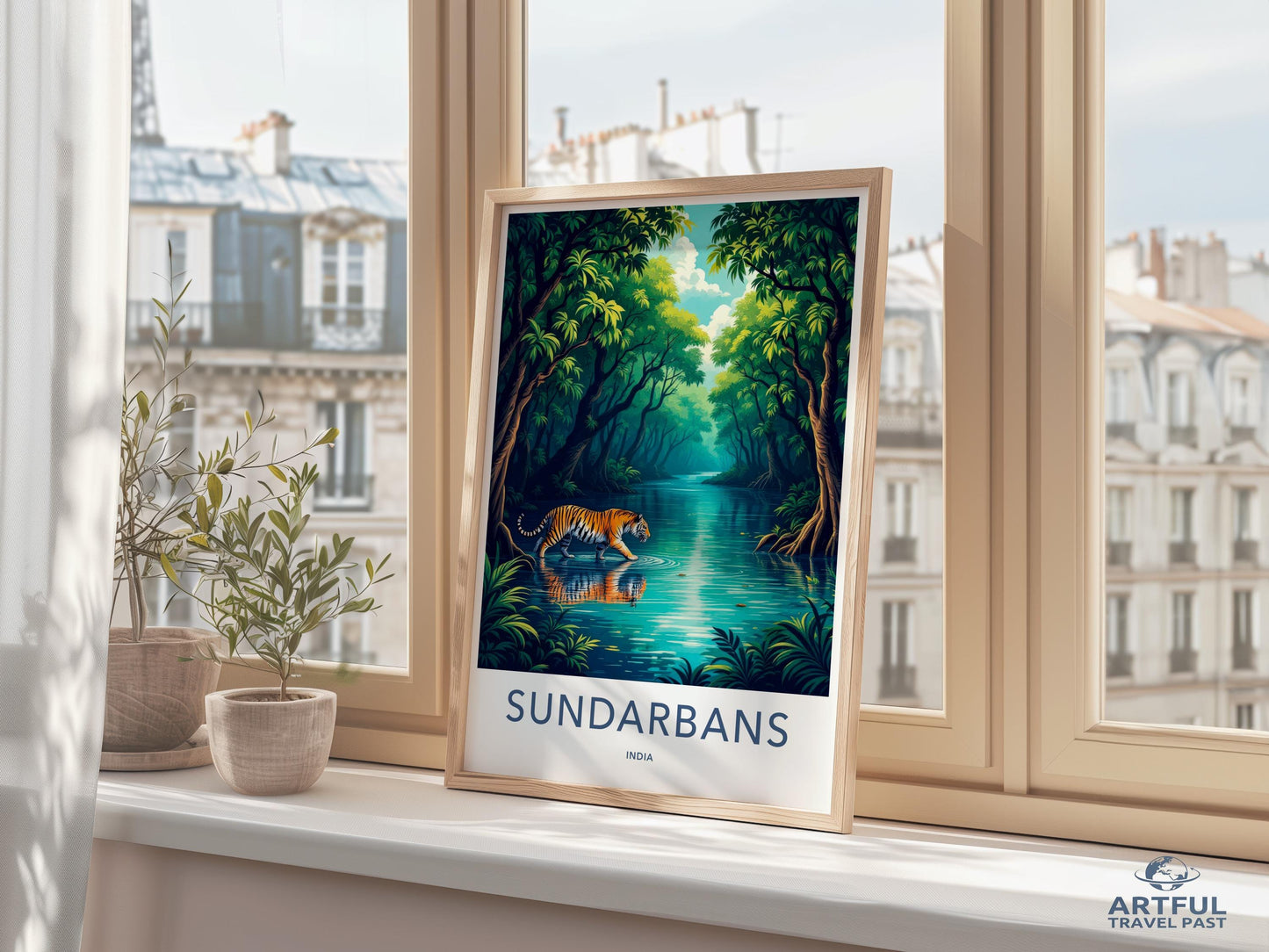 Sundarbans Travel Poster, Tiger in Forest Wall Art, Vibrant Jungle Scenery Print, Nature Lover Gift, Wildlife Decor