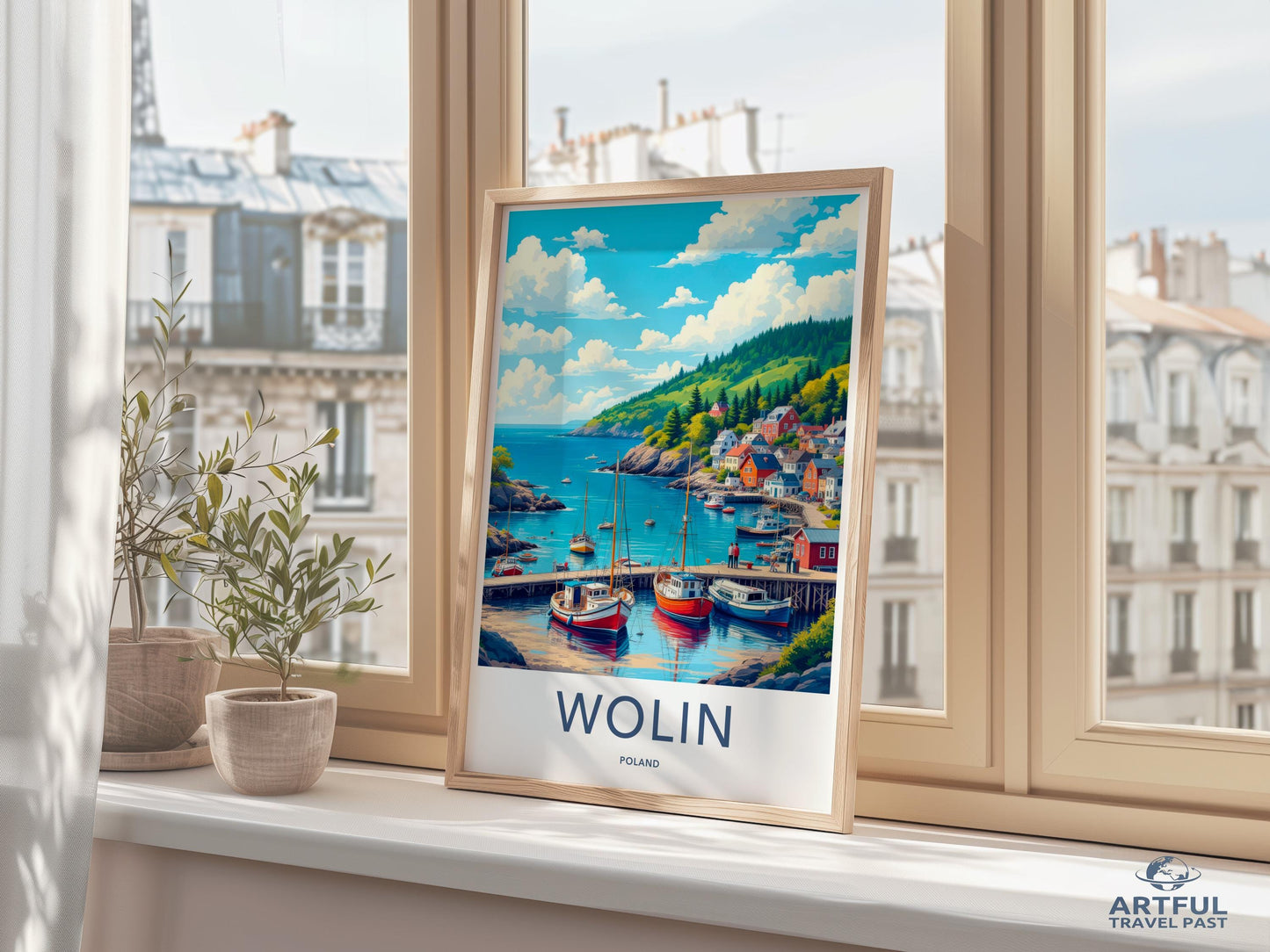 Wolin coastal village travel poster, nautical home decor, vintage style wall art, scenic ocean print, colorful landscape artwork