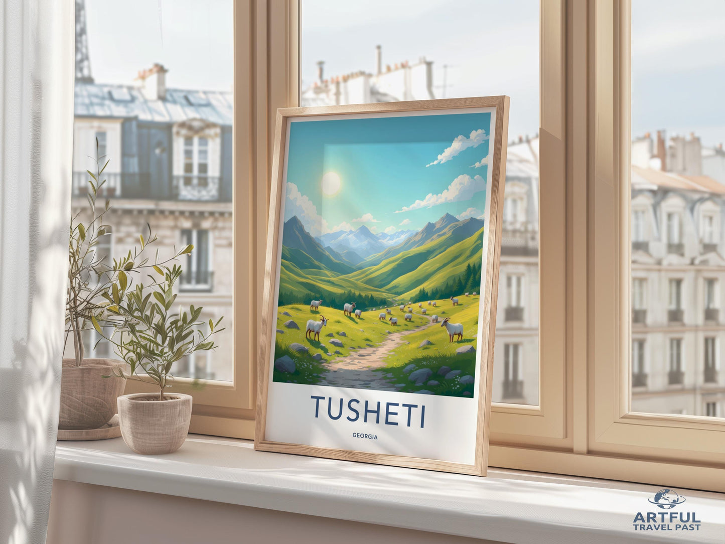Tusheti Travel Poster, Scenic Georgia Landscape Print, Mountain Range Art, Sunlit Valley Decor, Nature Illustration, Wall Art