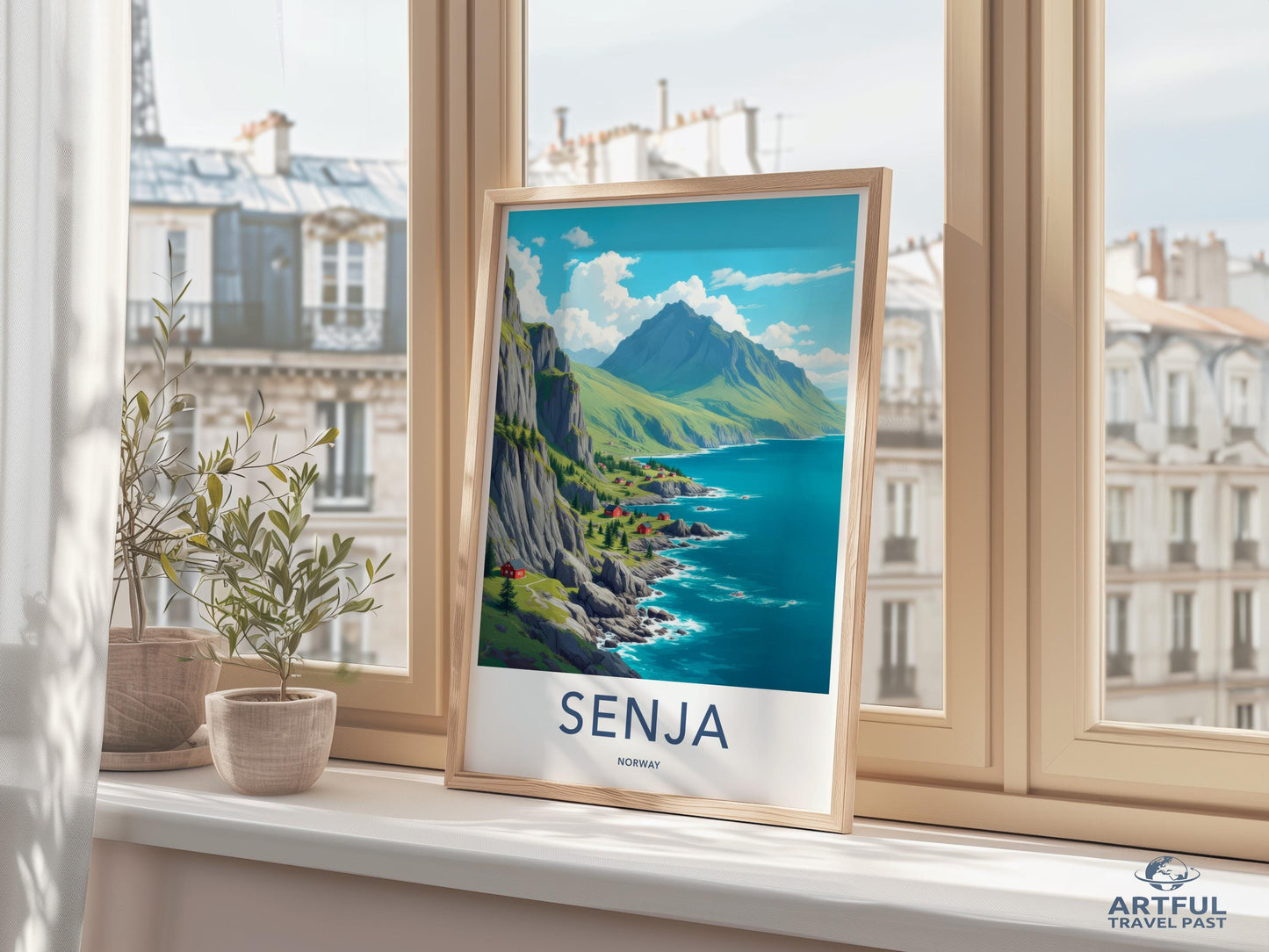 Senja Norway Travel Poster, Vibrant Mountain and Ocean Landscape Art Print, Scenic Coastal Wall Decor, Nature Canvas Wall Art