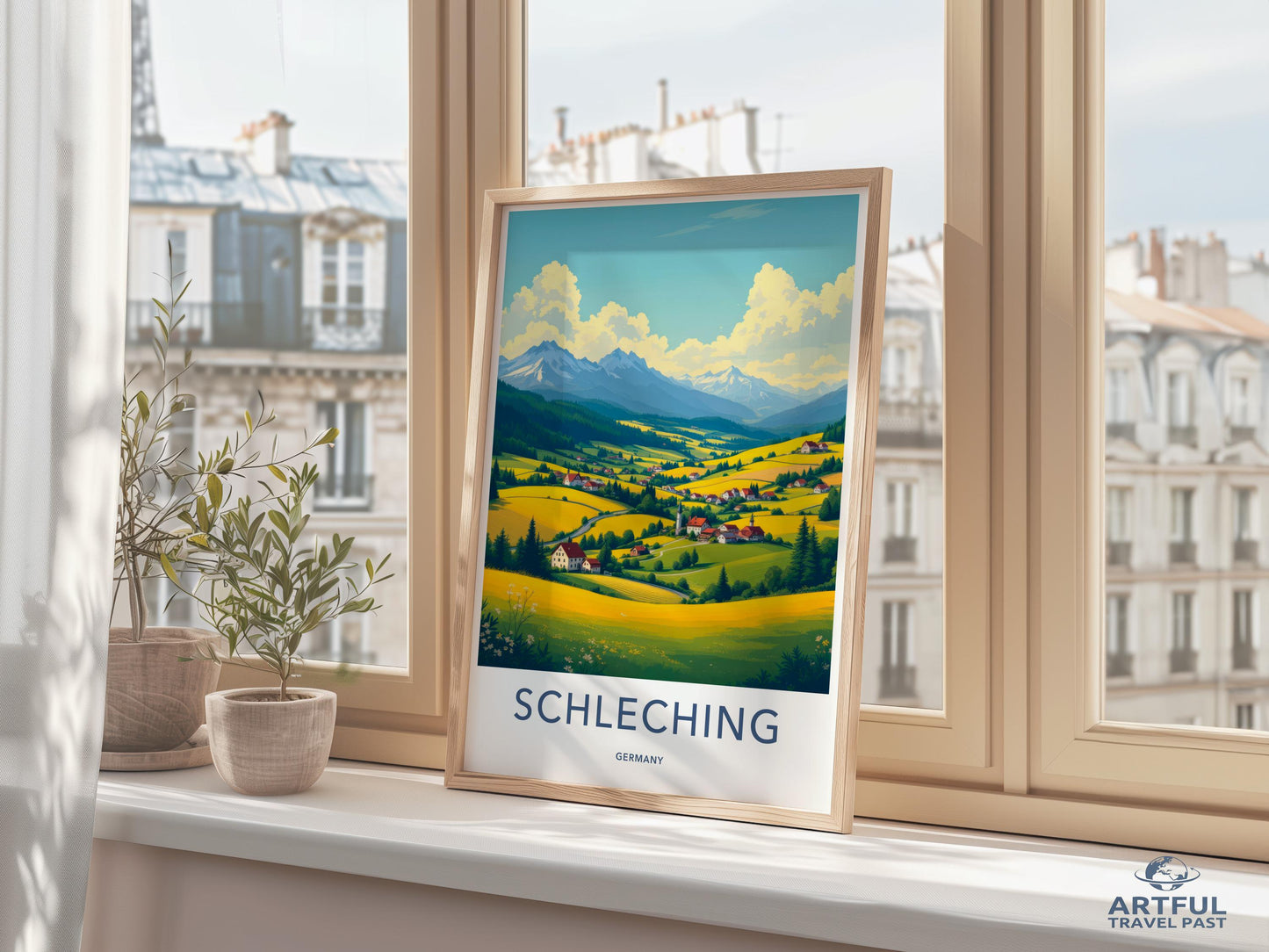 Vintage Travel Poster Print, Scenic German Countryside Art, Schleching Village Illustration, Retro Landscape Decor, Home Wall Art